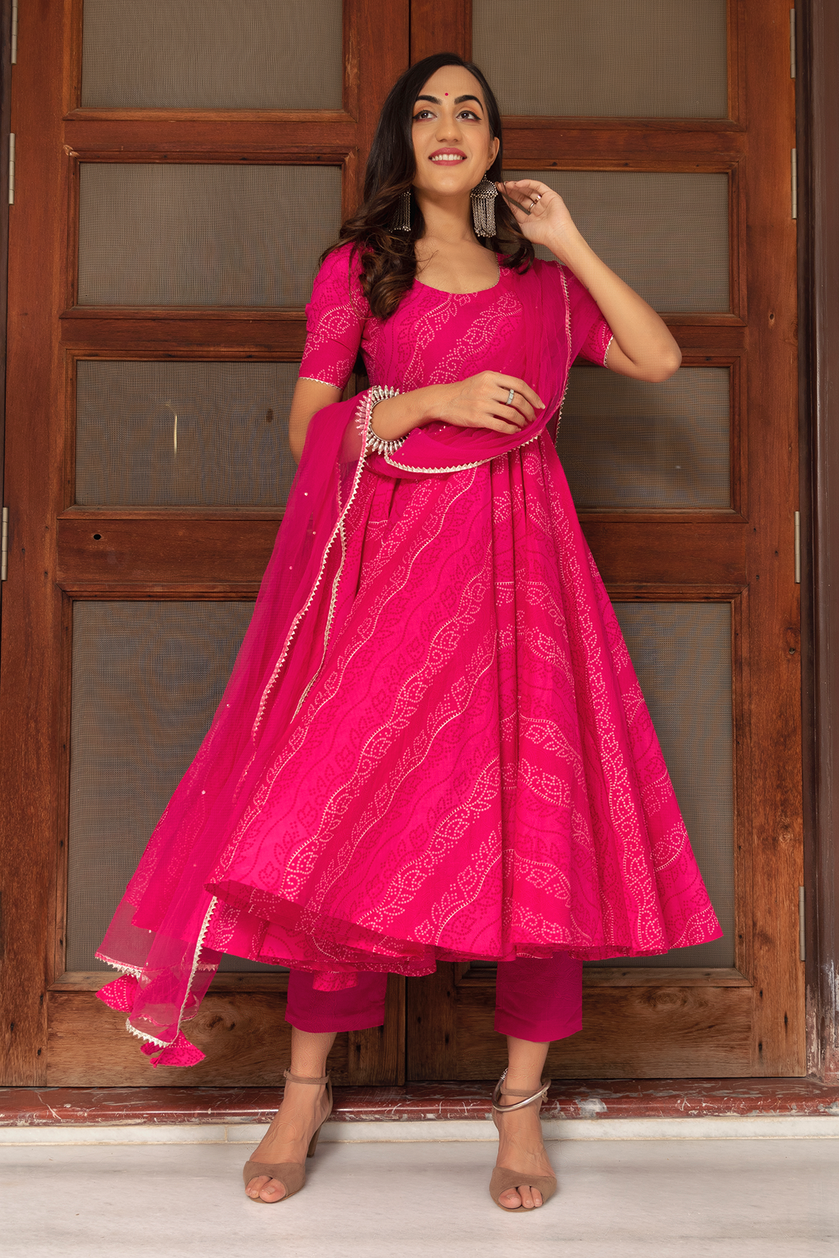 Women's Pink Anarkali suit set with Pants & Dupatta (3pcs set)