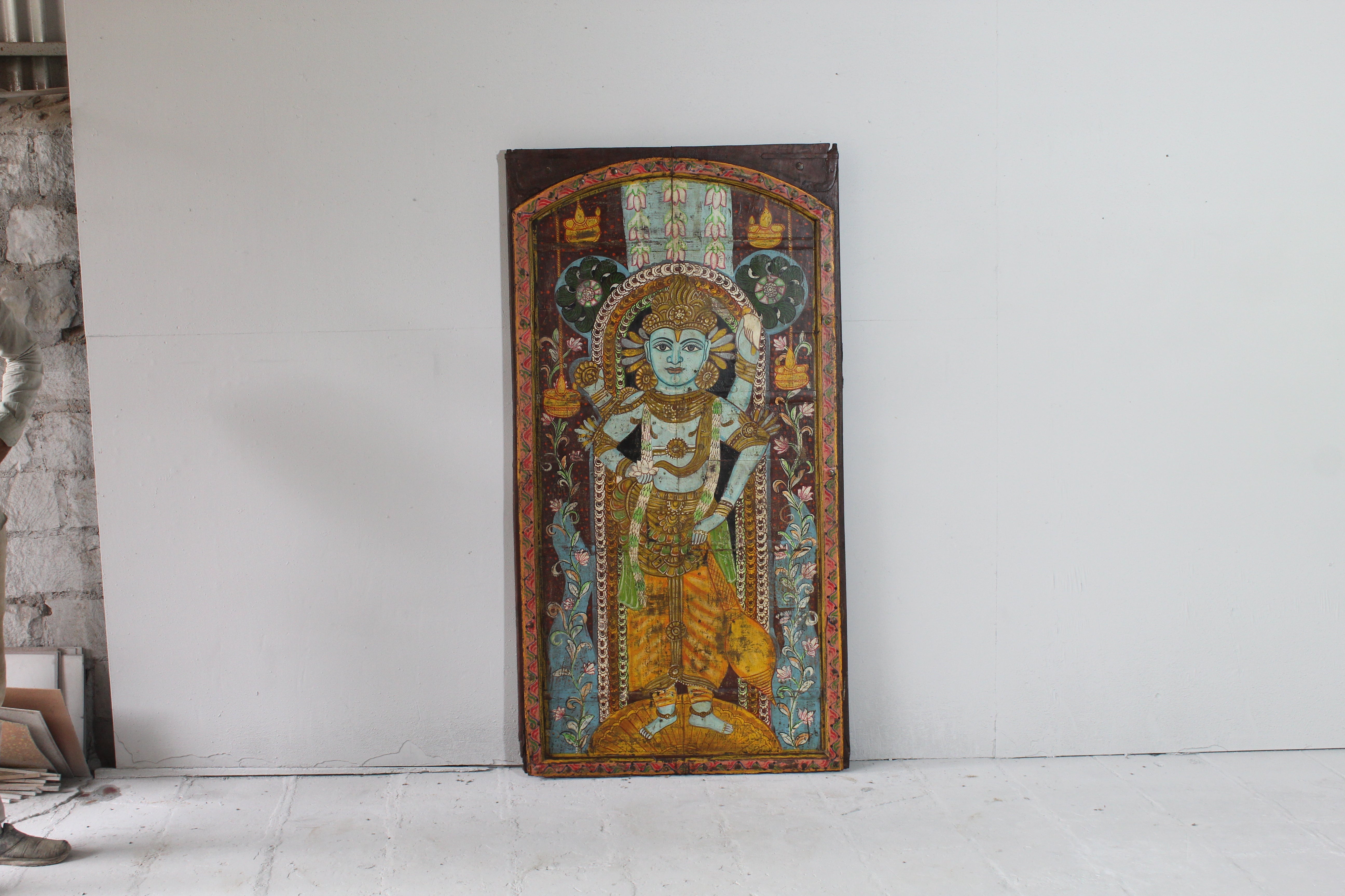 Vintage Lord Vishnu Hand-Painted Wooden Door Panel