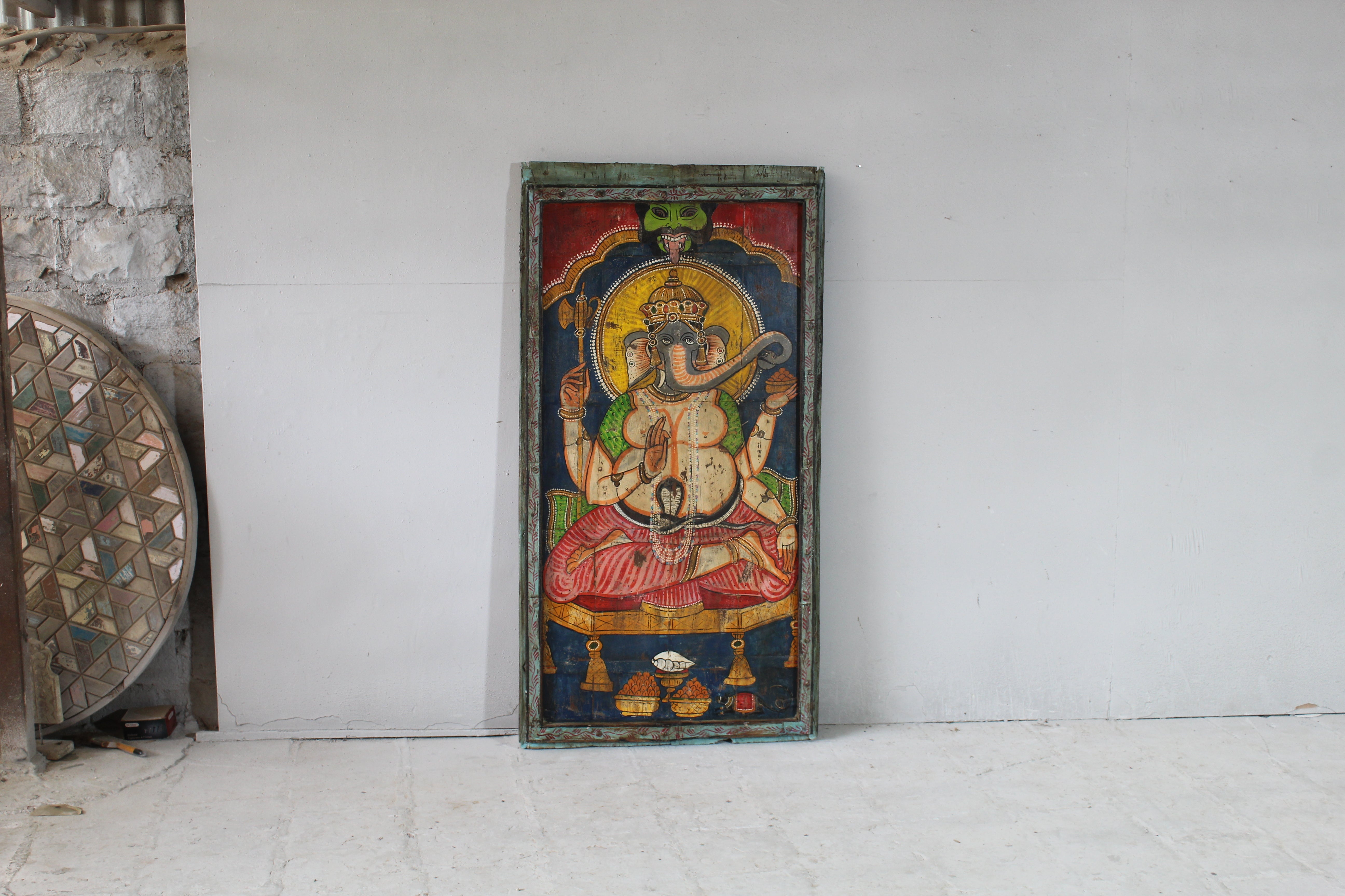 Vintage Lord Ganesha Painted Wooden Panel