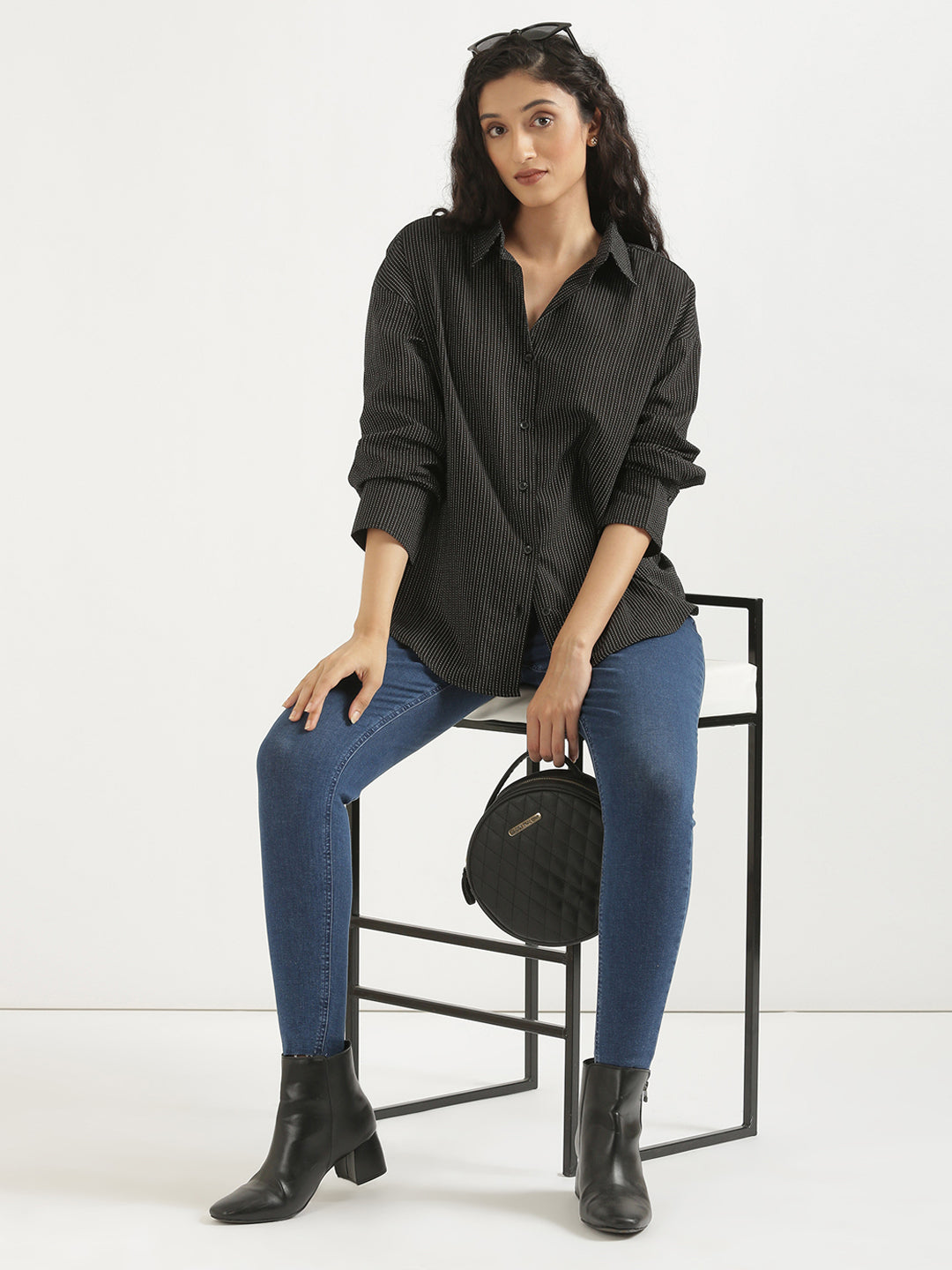 Women's Airy Linen Textured Casual Oversize Black Shirt