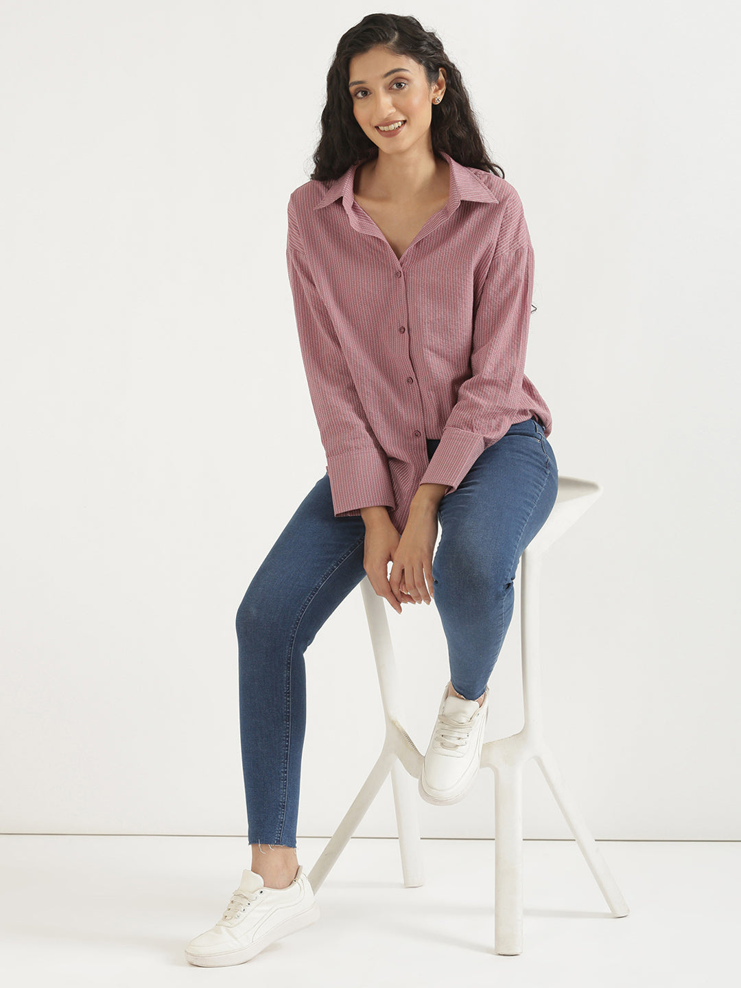 Women's Airy Linen Textured Casual Oversize Mauve Shirt
