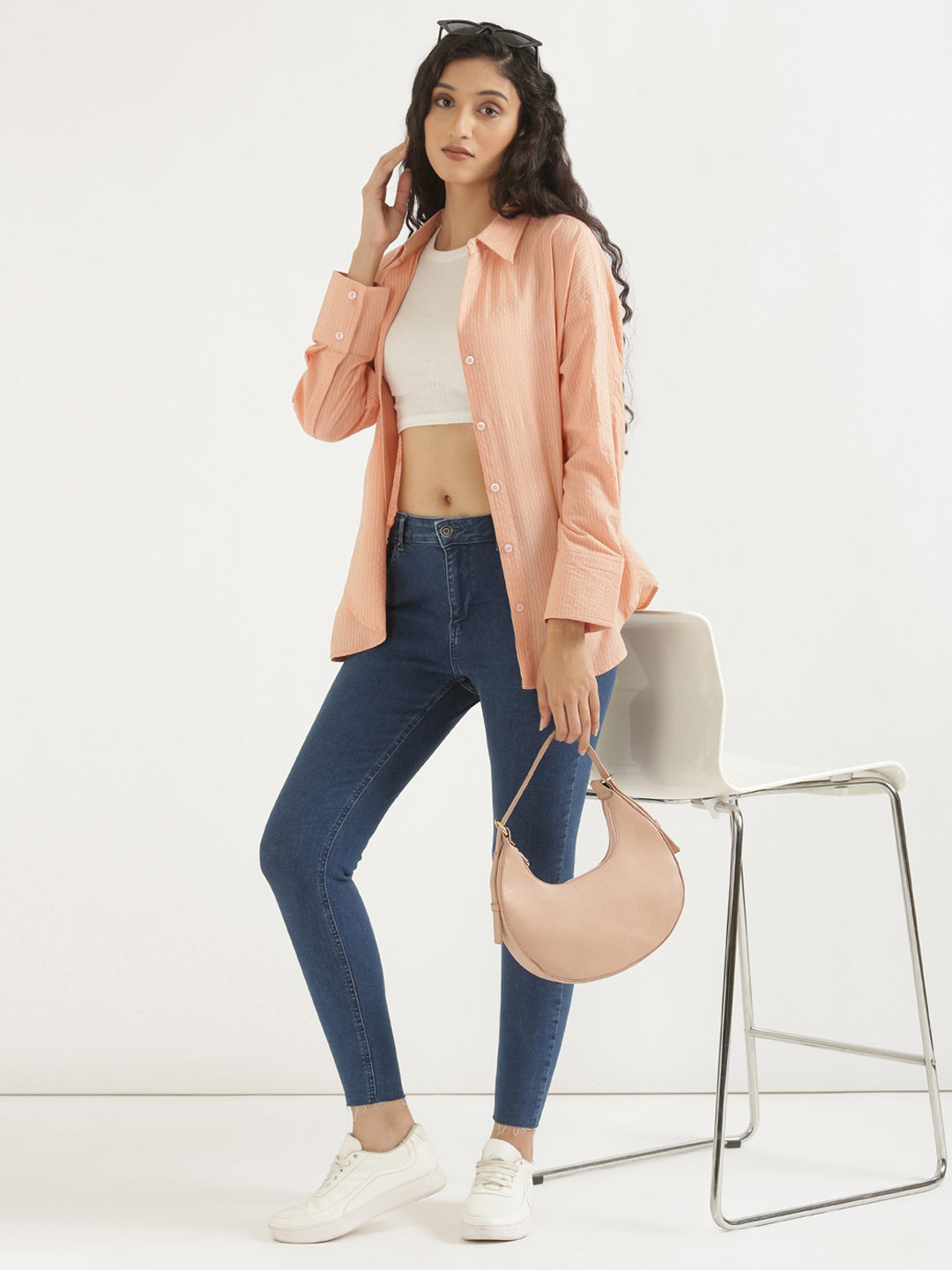 Women's Airy Linen Textured Casual Oversize Peach Shirt