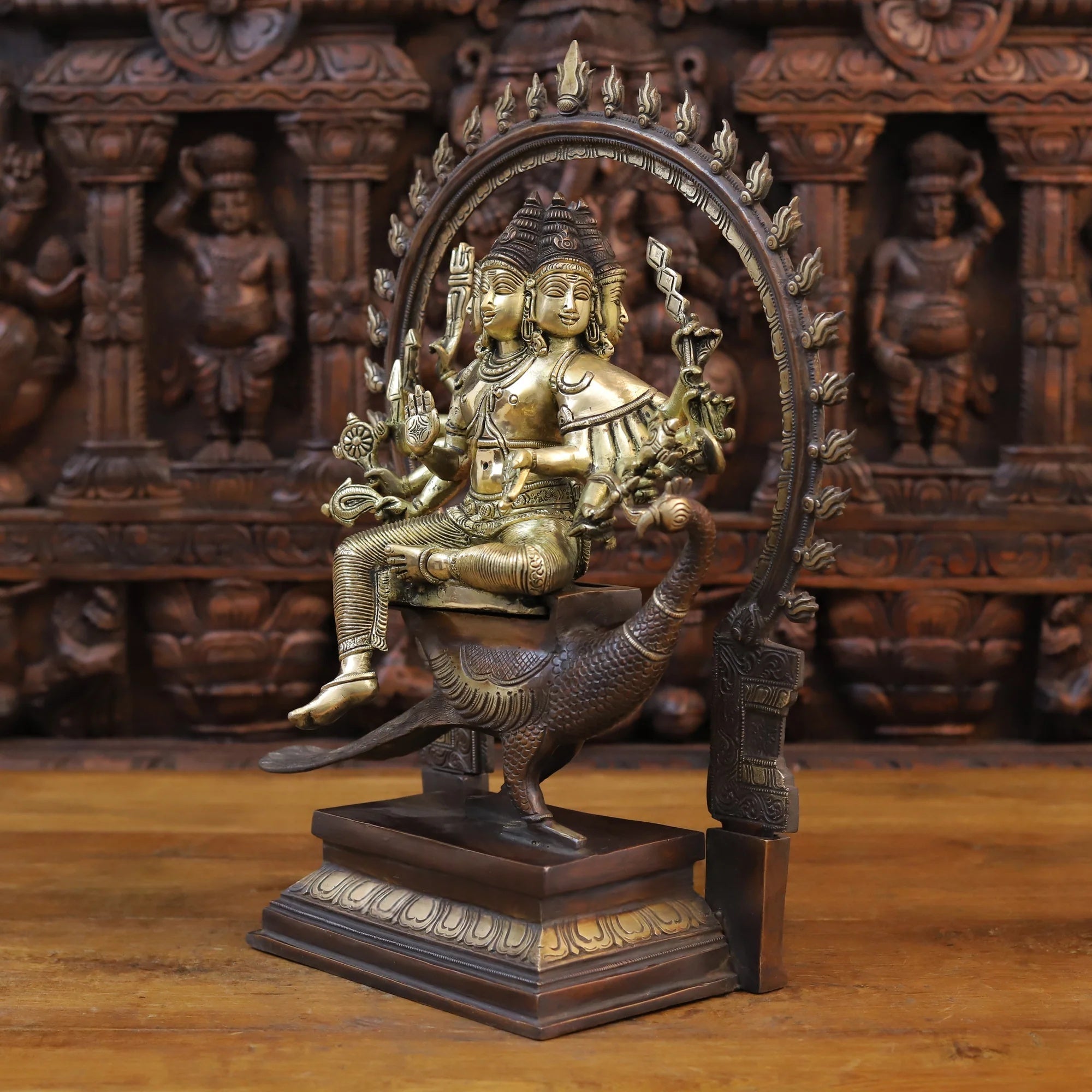 Brass Chatur Mukhi Kartik Idol with Peacock, Copper & Golden Finish, 17.5"