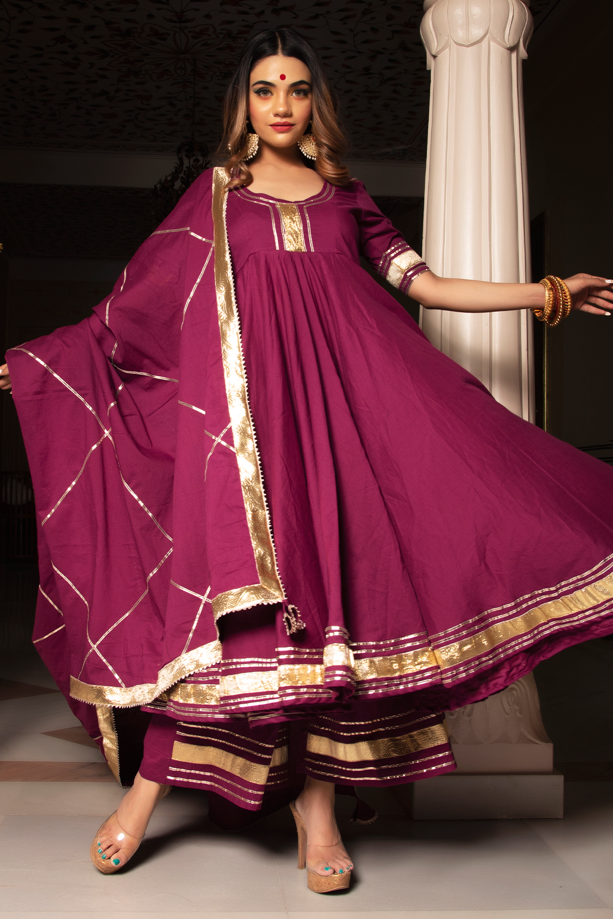 Women's BURGUNDY COTTON ANARKALI SET