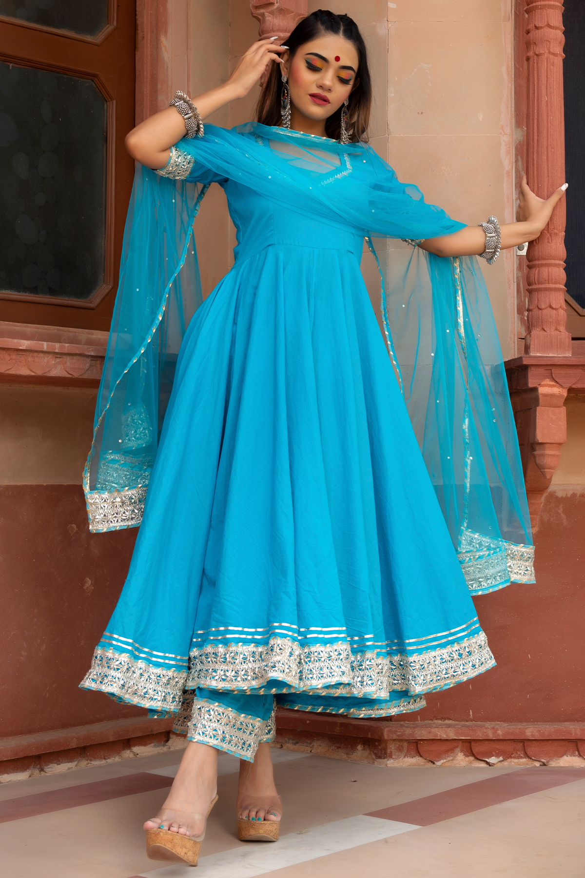 Women's Sky Blue Cotton Anarkali Kurta with Pant & Dupatta (3pcs Set)