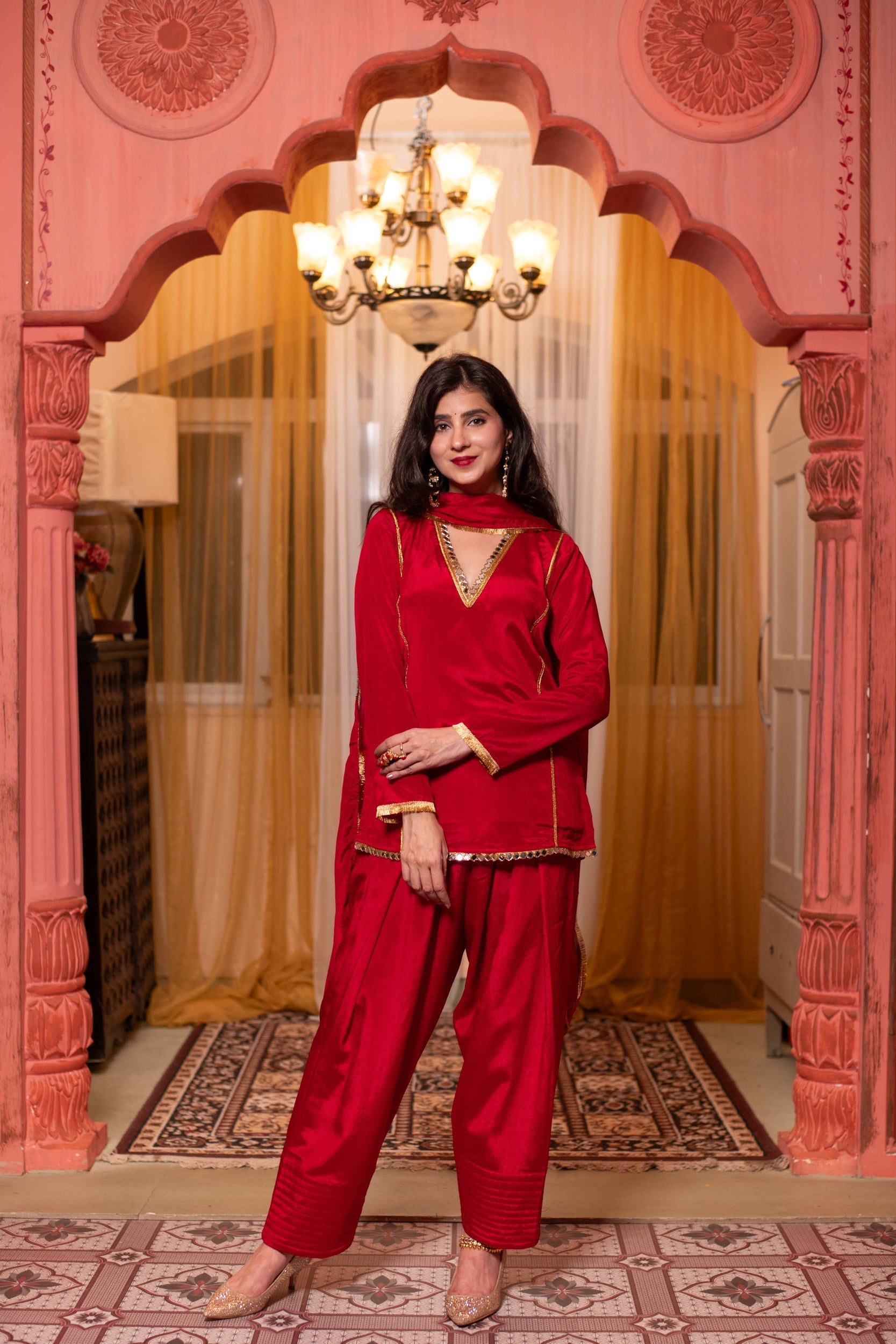 Women's Red Short Kurta With Farshi Salwar