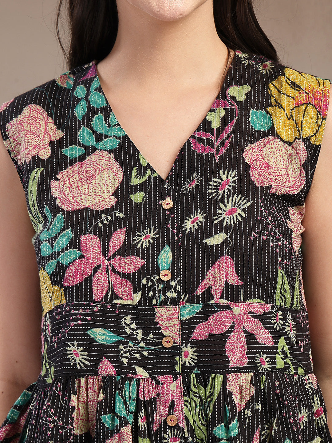 Women's Black Floral Printed Katha Cotton Co-Ord Set