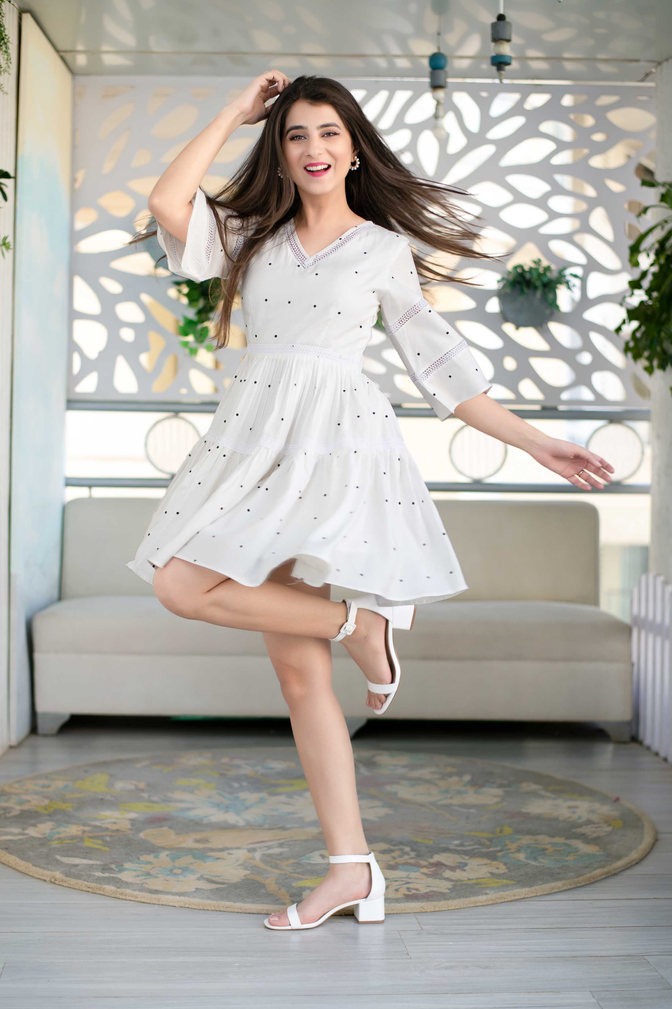 Women's White Polka Dot Ruffle Fit And Flare Short Dress (1pc)