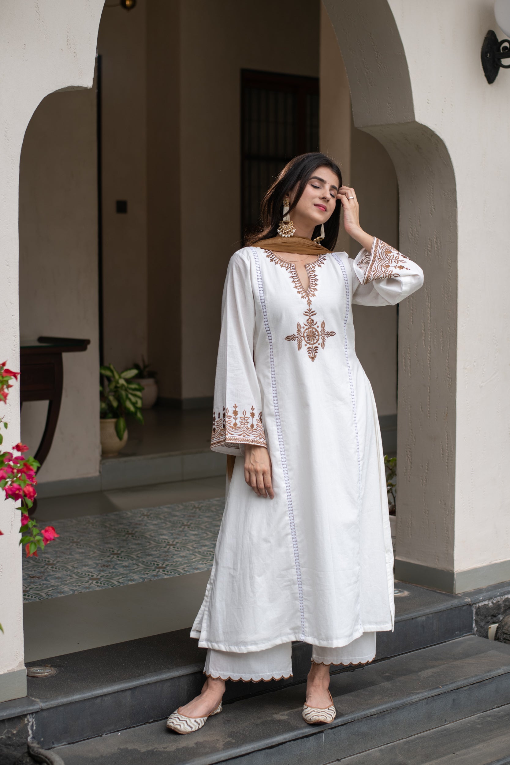 Women's White Embroidered A Line Kurta Set