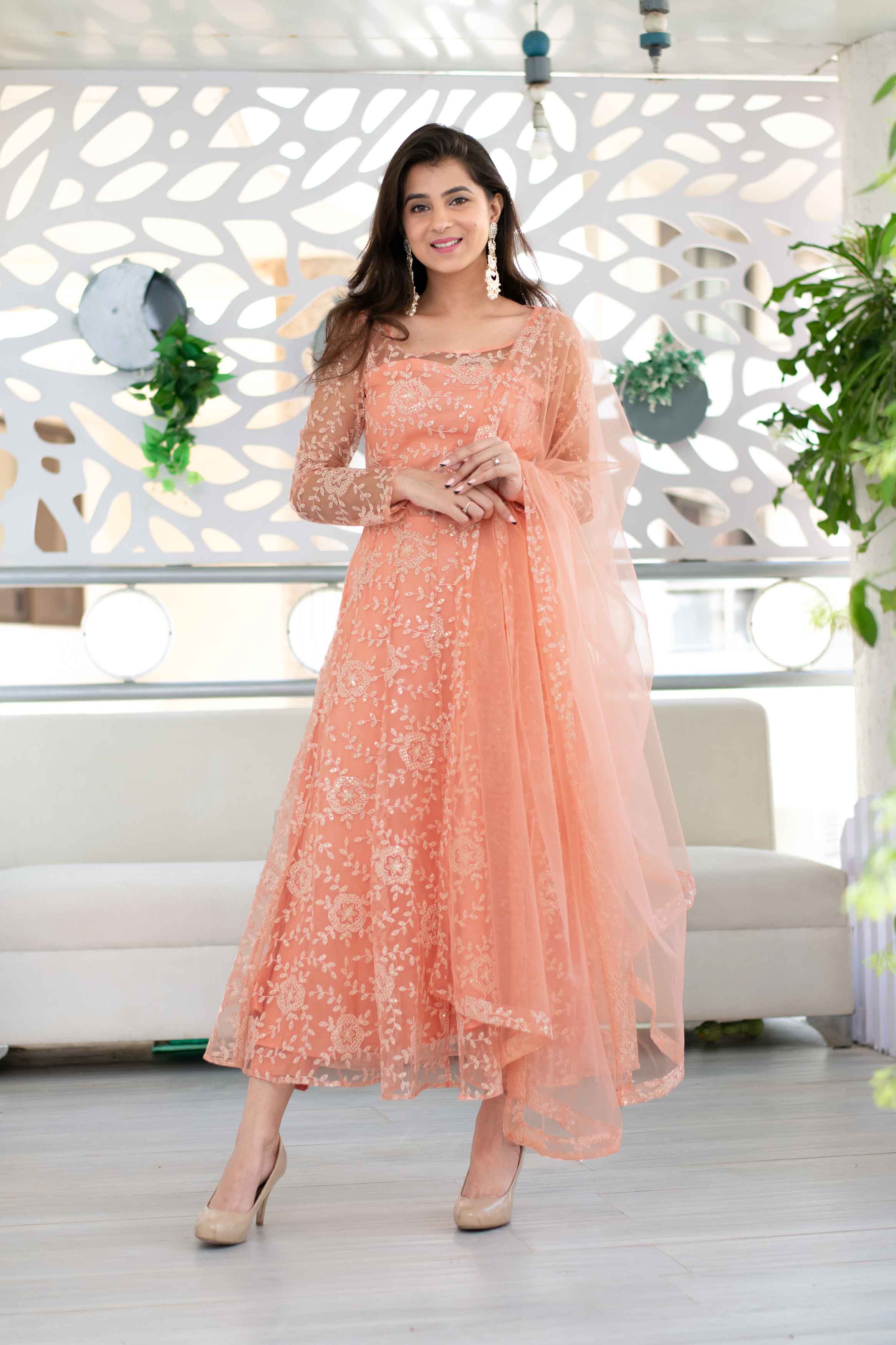 Women's Peach Heavy Thread Work Anarkali Suit Set With Net Dupatta (3 Pc Set)