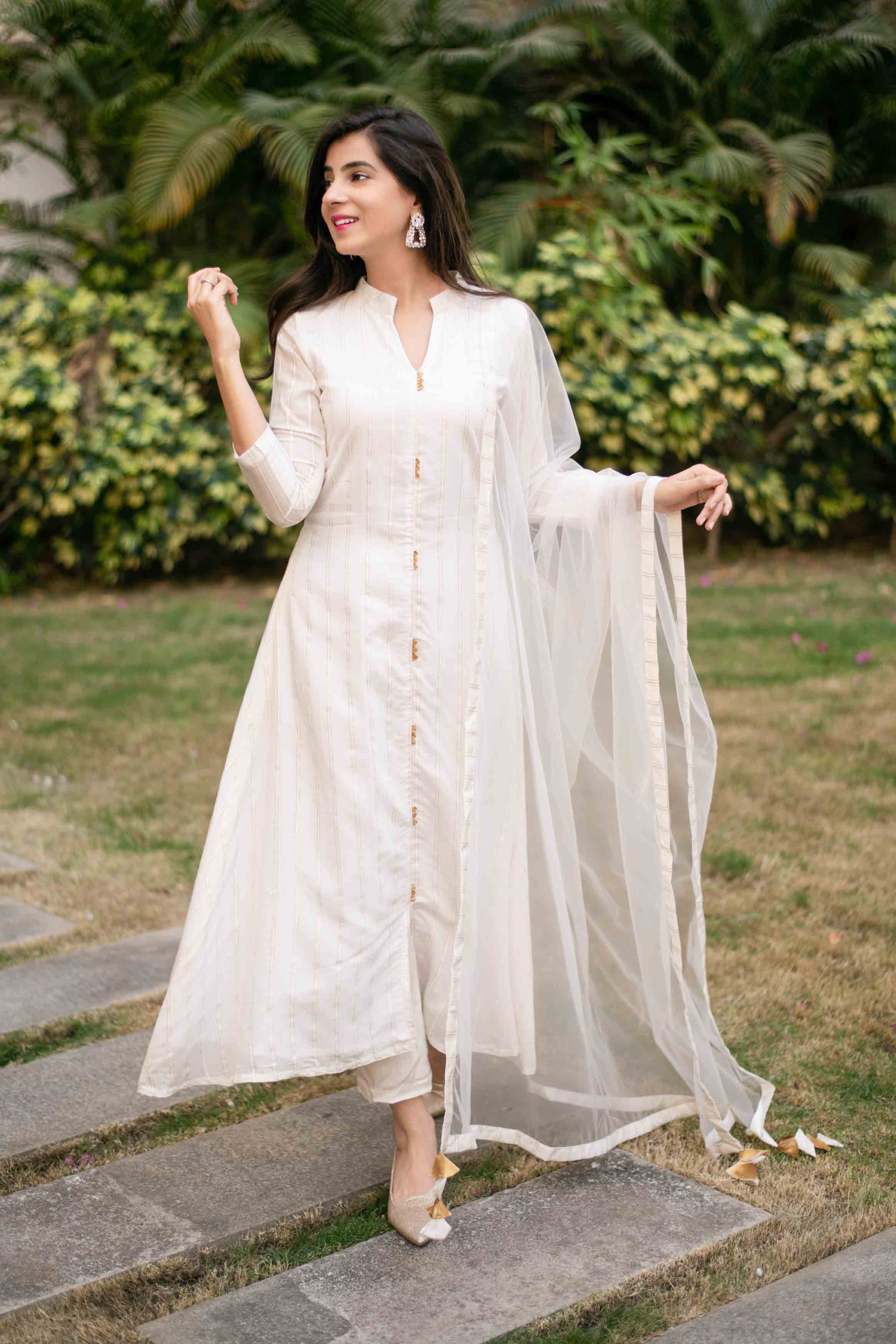 Women's White A-Line Chanderi Kurta Set With Dupatta (3pcs set)