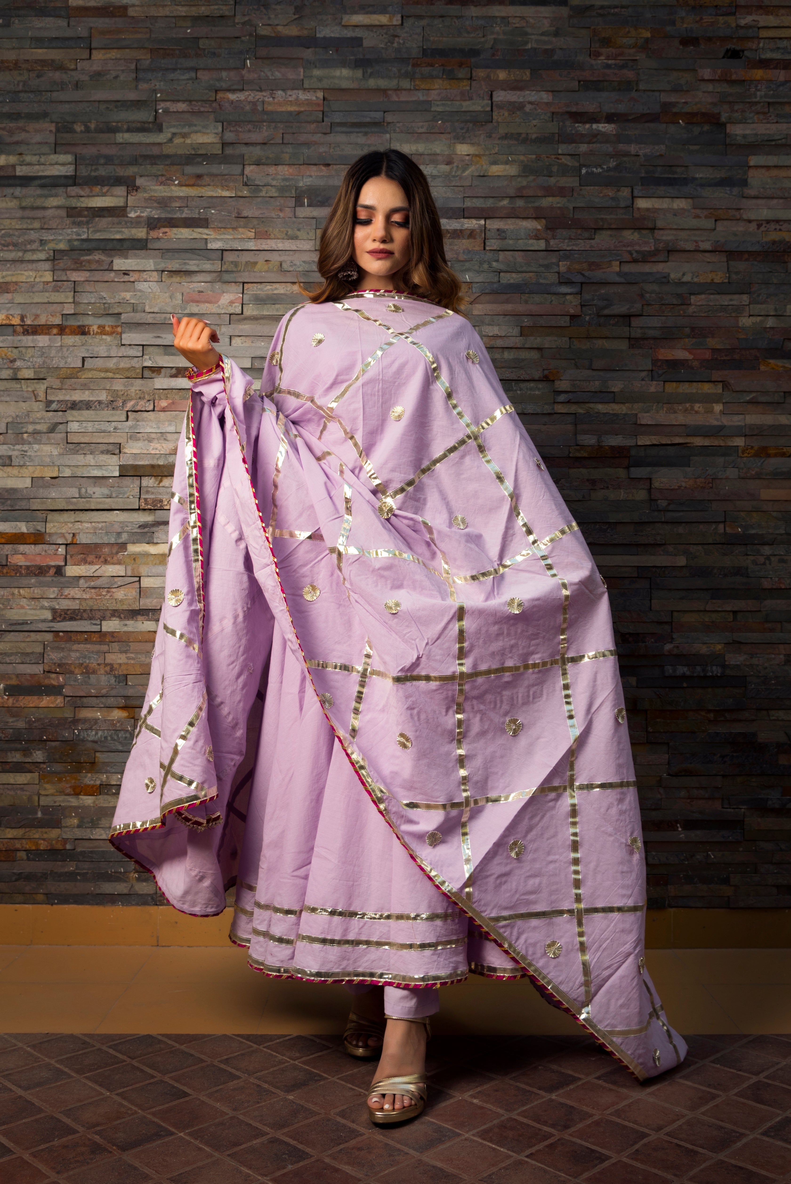 Women's Lavender Cotton Anarkali Kurta with Pant & Dupatta (3pcs Set)