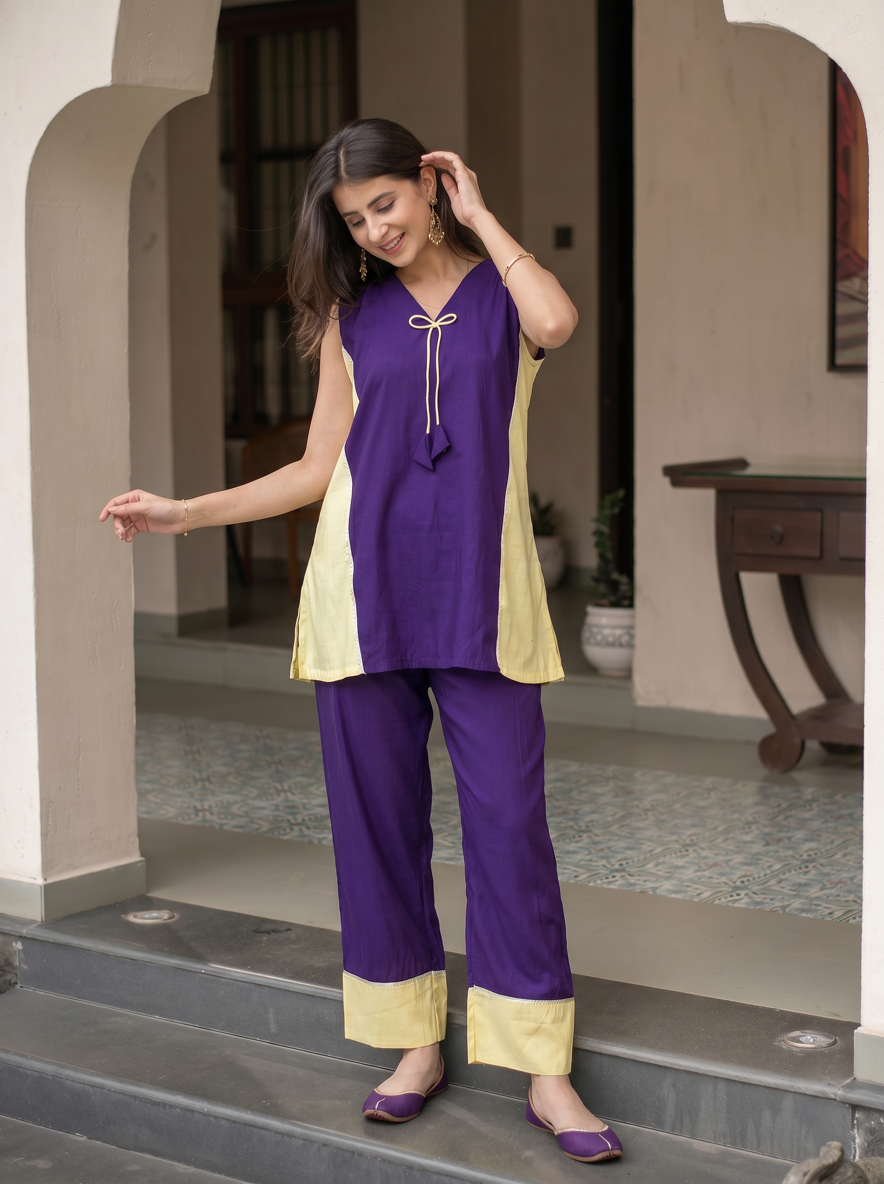 Women's Purple & Butter Yellow Roman Silk Contrast Panel Co-Ord Set