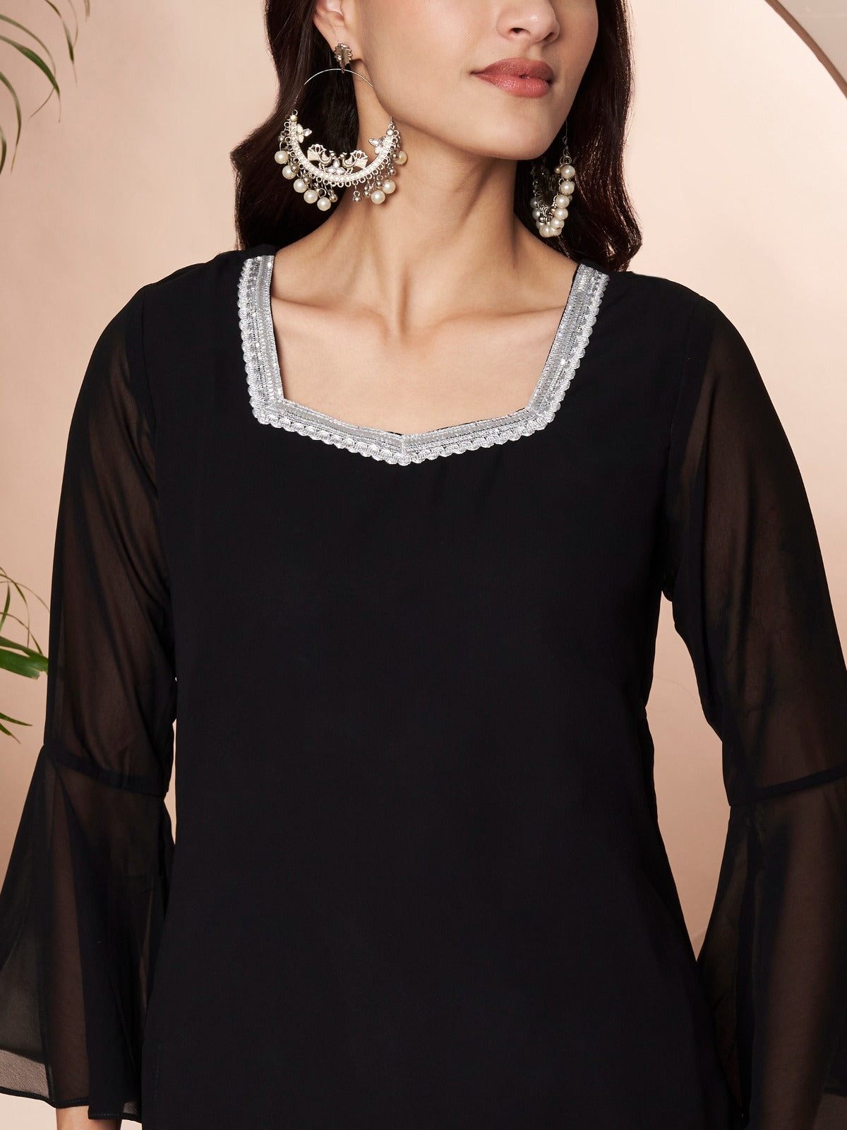 Women's Black Embellished Kurta with Flared Palazzo Set