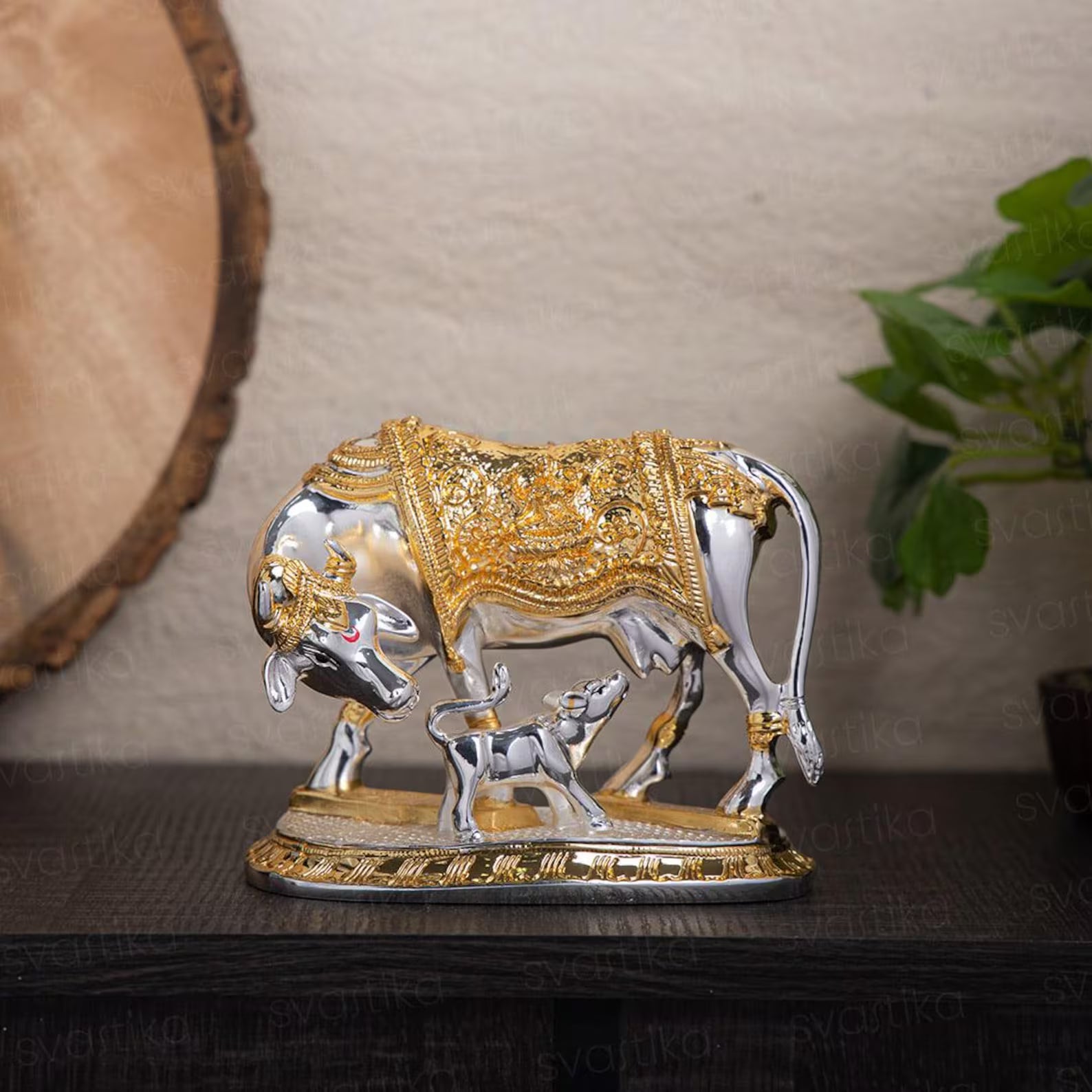 Gold & Silver Plated Kamdhenu Cow with Calf Idol: Vastu Puja Decor