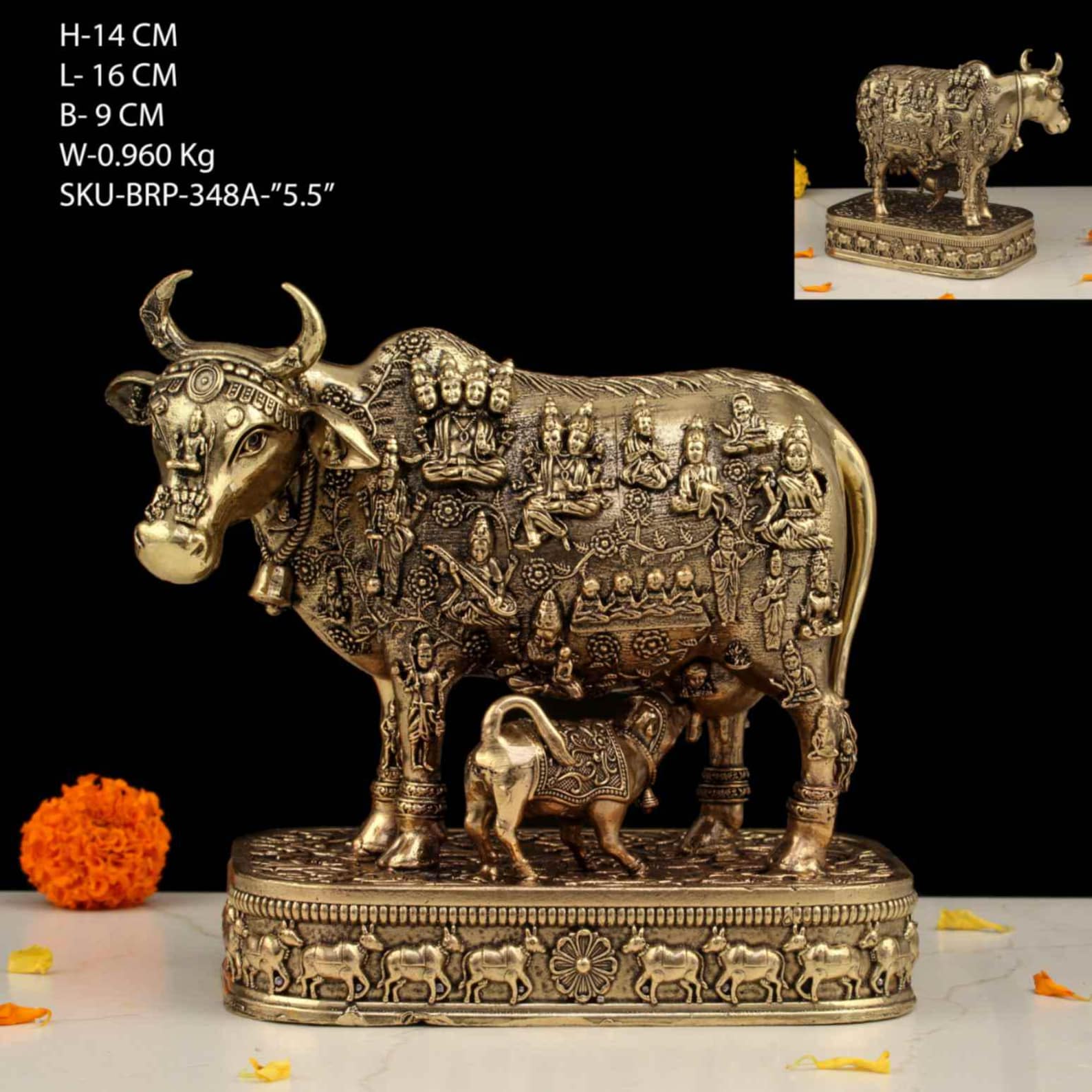 5.5 Inch Brass Kamdhenu Cow with Gods