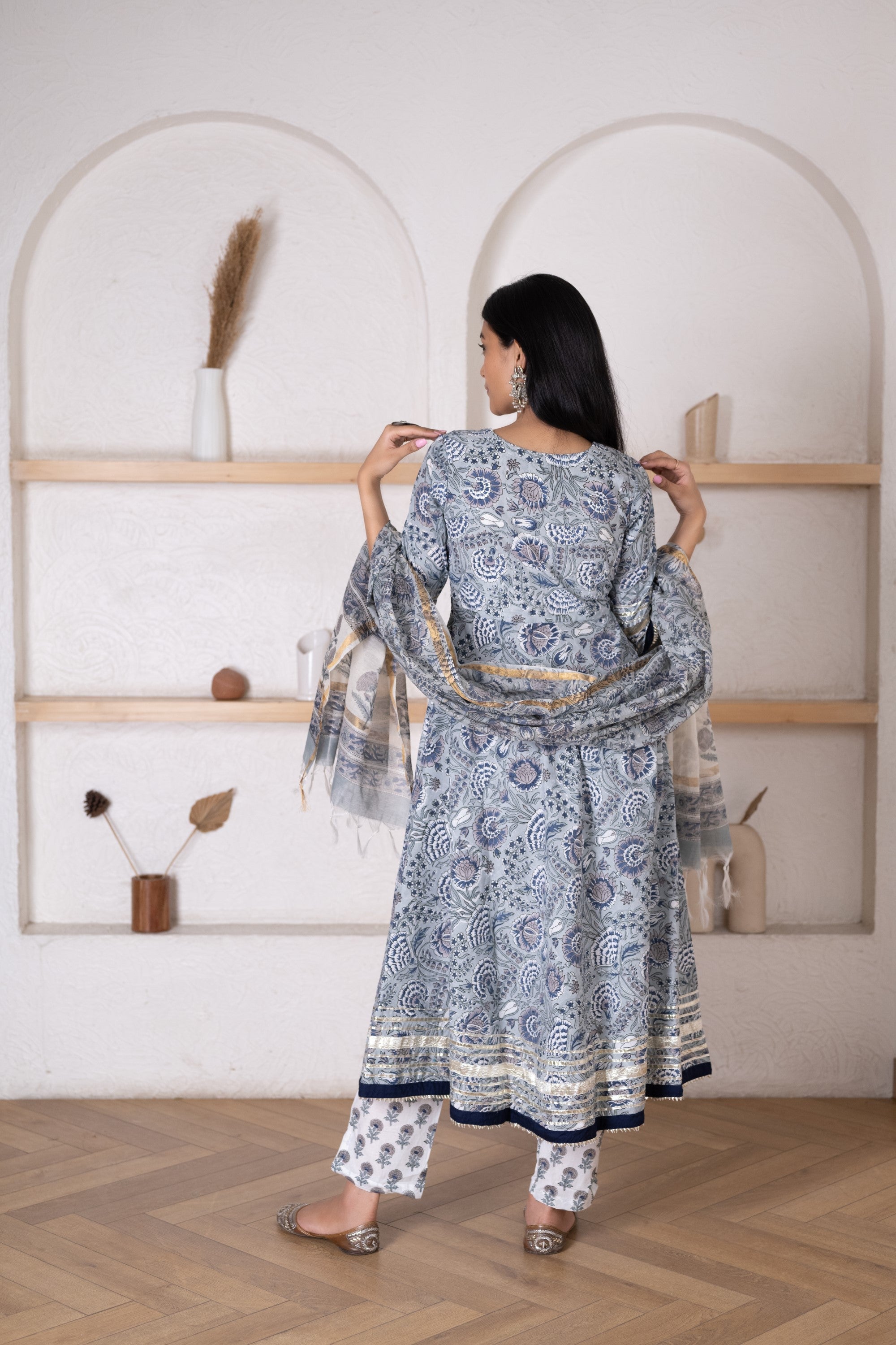 Women's Steel Blue Kurta Dupatta Set with Chanderi Dupatta