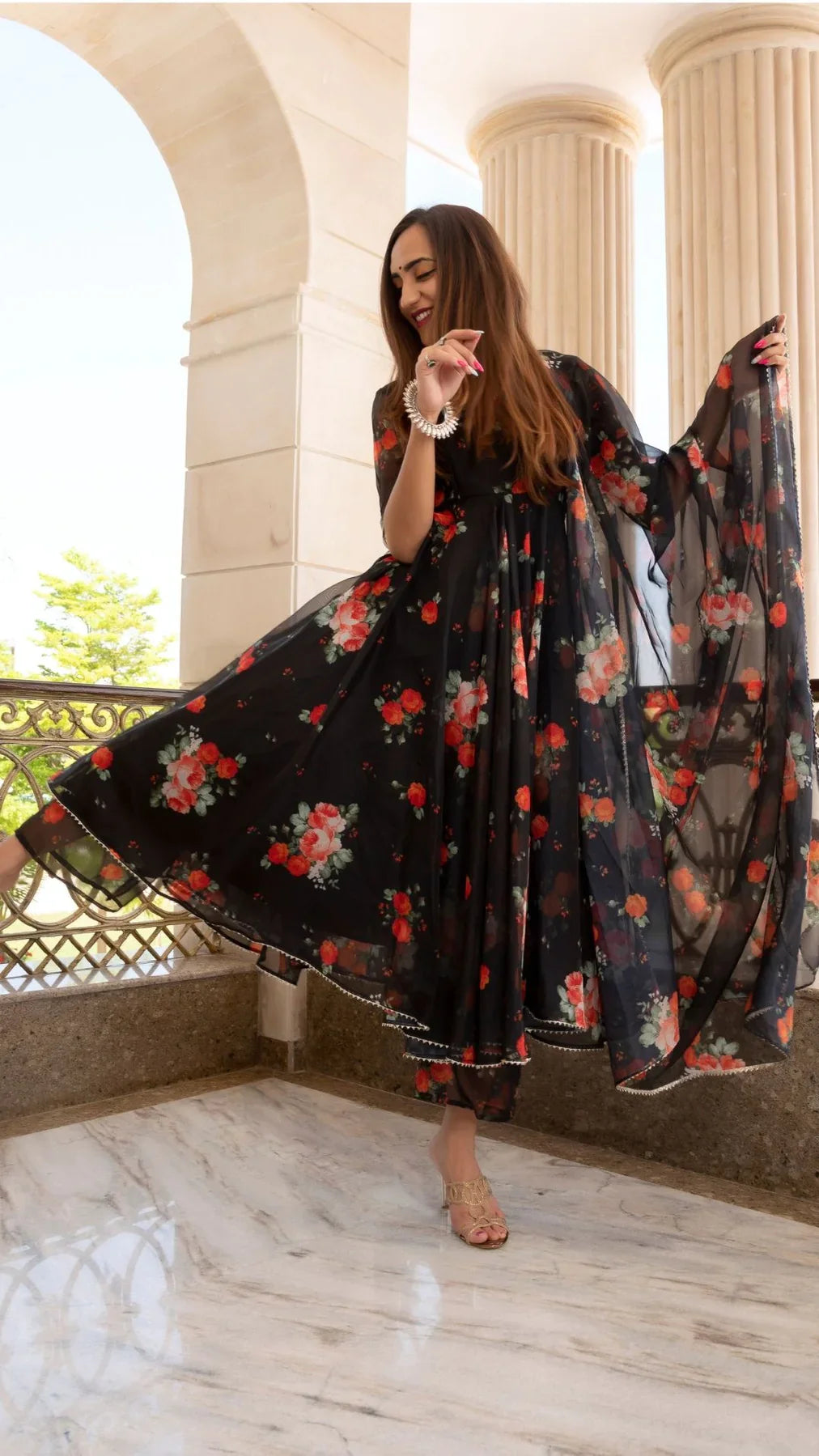 WOMEN'S RED AND BLACK ORGANZA ANARKALI SET