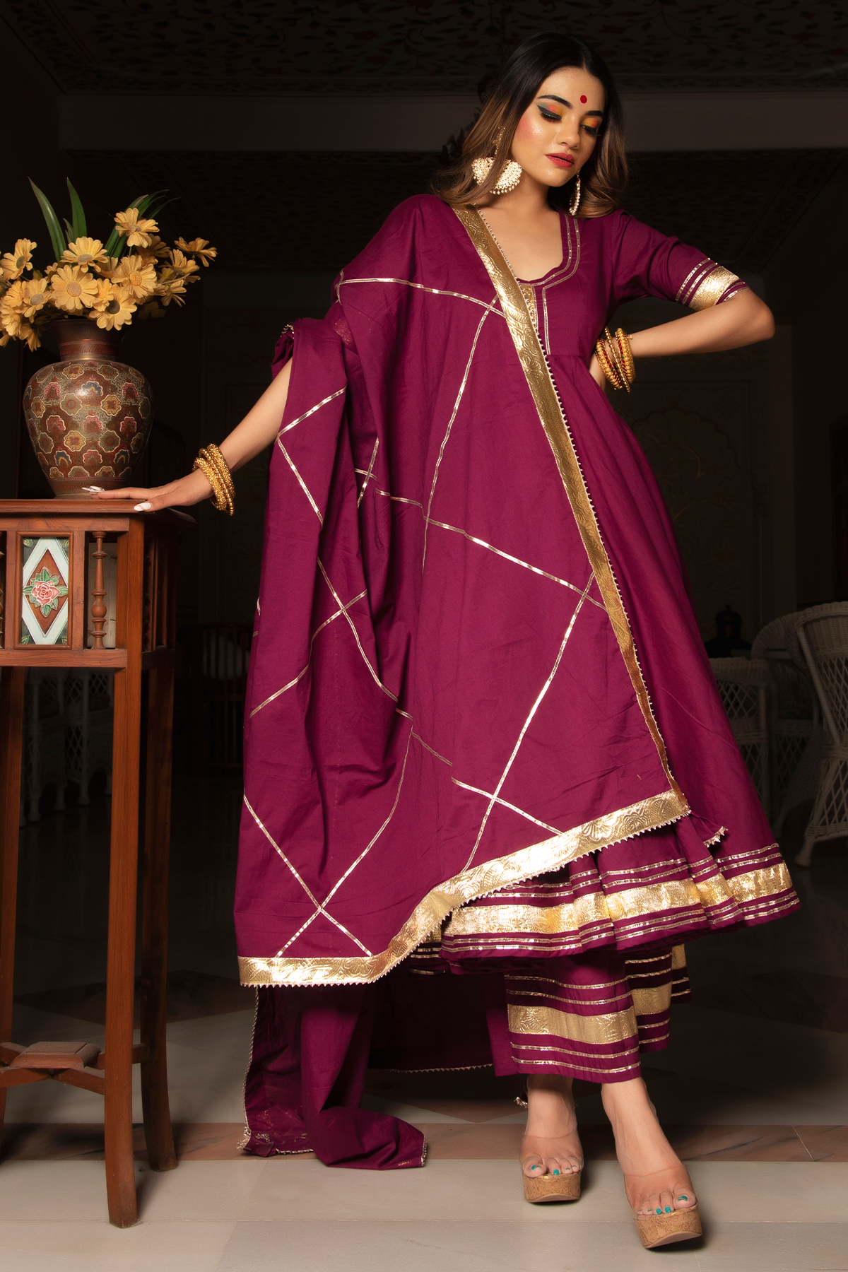 Women's BURGUNDY COTTON ANARKALI SET