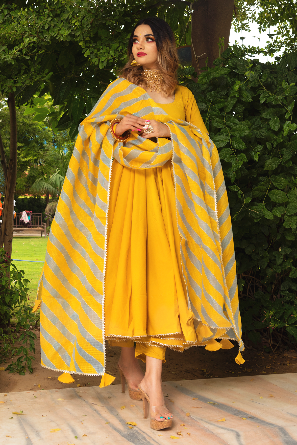 Women's Yellow Anarkali suit set with Pants & Dupatta (3pcs set)