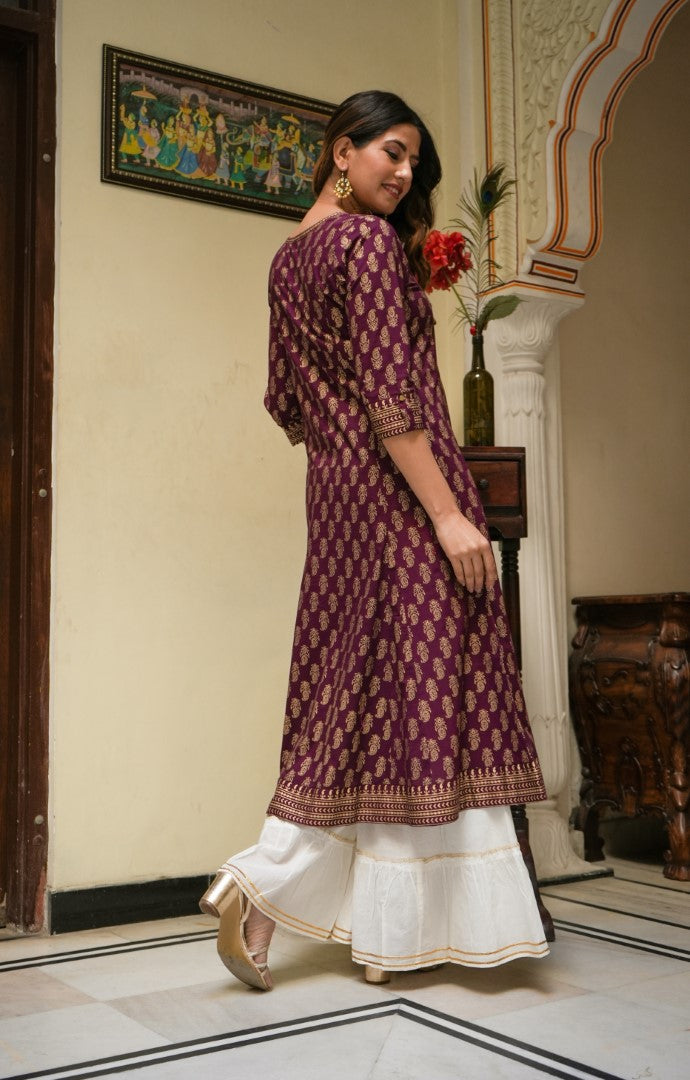 Womens Wine Cotton Floral Kurta