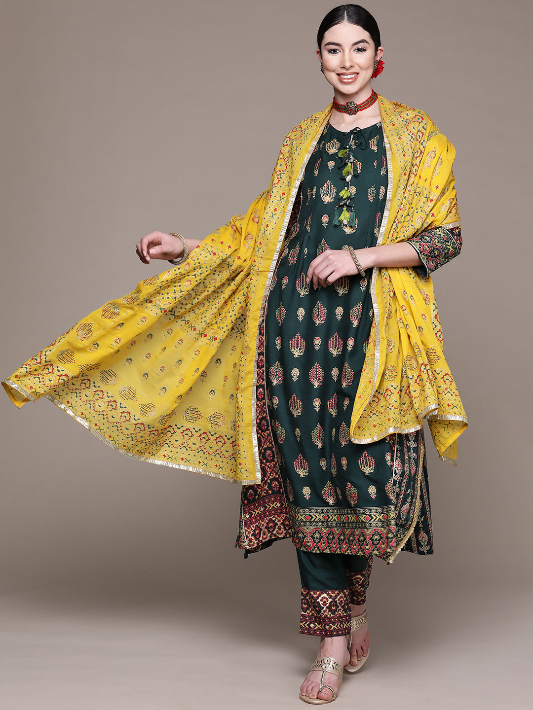 Women Green Printed Kurta with Palazzos & Dupatta by Anubhut