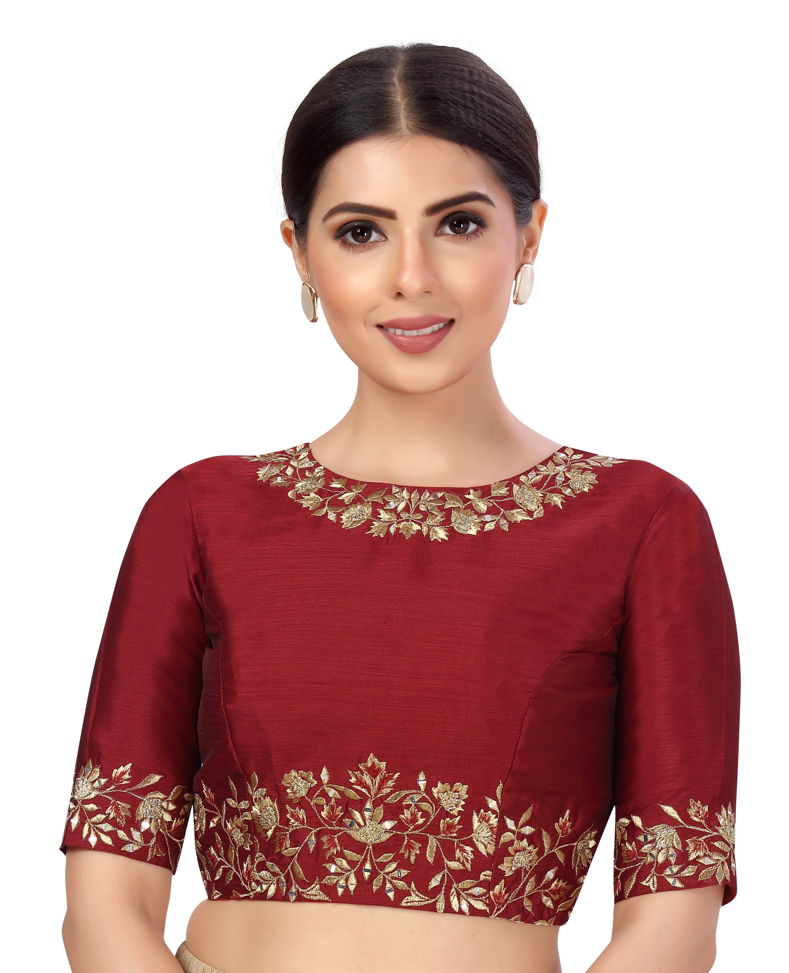 Women's Readymade Art Silk Embroidered Saree Blouse With Elbow Length Sleeves