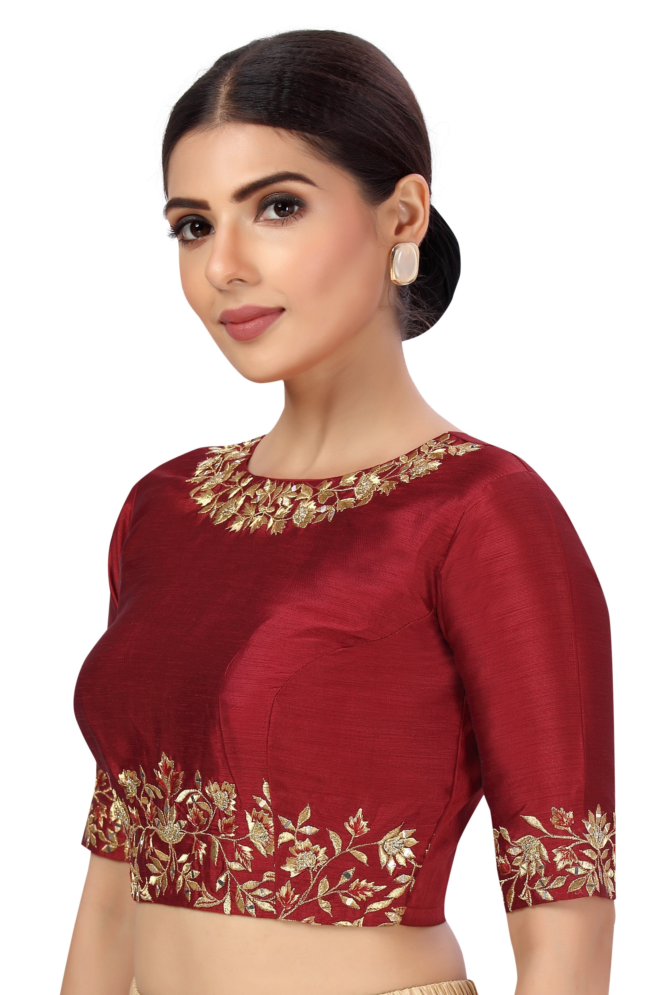 Women's Readymade Art Silk Embroidered Saree Blouse With Elbow Length Sleeves