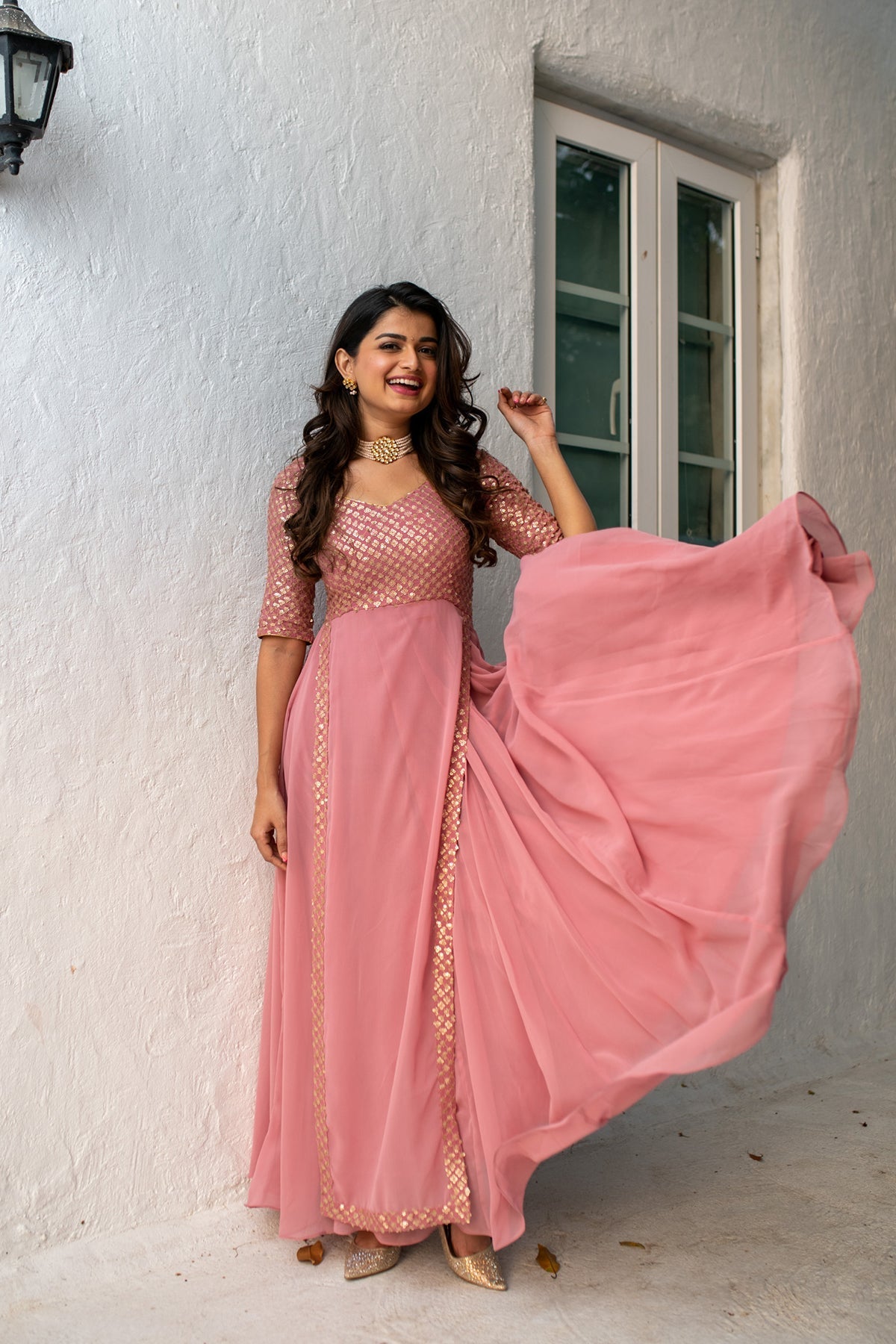 Women's Dusty Pink Sequin Pannel Long Gown