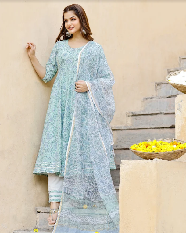 Women's Light Sea Green Block Printed Flared Kurta Set Paired With Doria Printed Dupatta