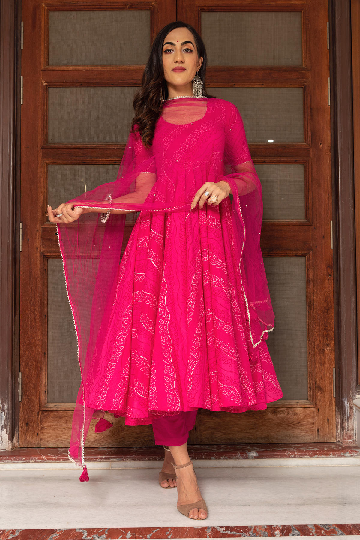 Women's Pink Anarkali suit set with Pants & Dupatta (3pcs set)