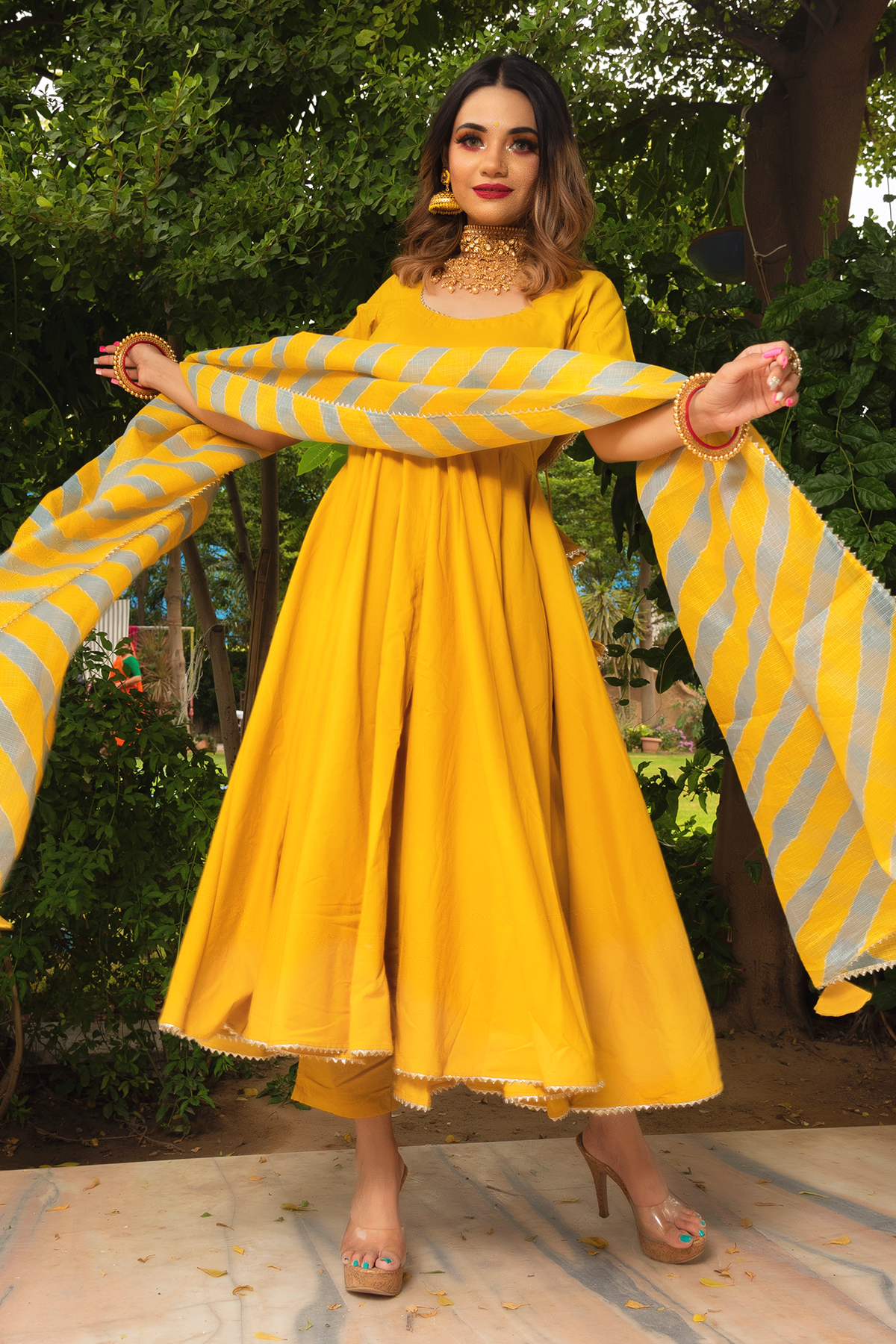 Women's Yellow Anarkali suit set with Pants & Dupatta (3pcs set)