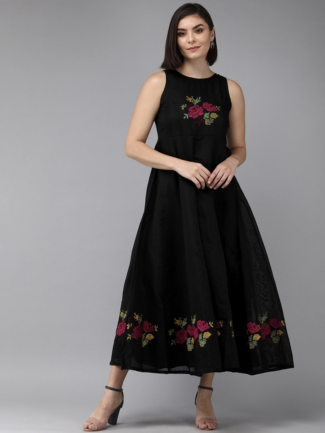 Women's Black Embroidered Chanderi Silk Maxi Dress