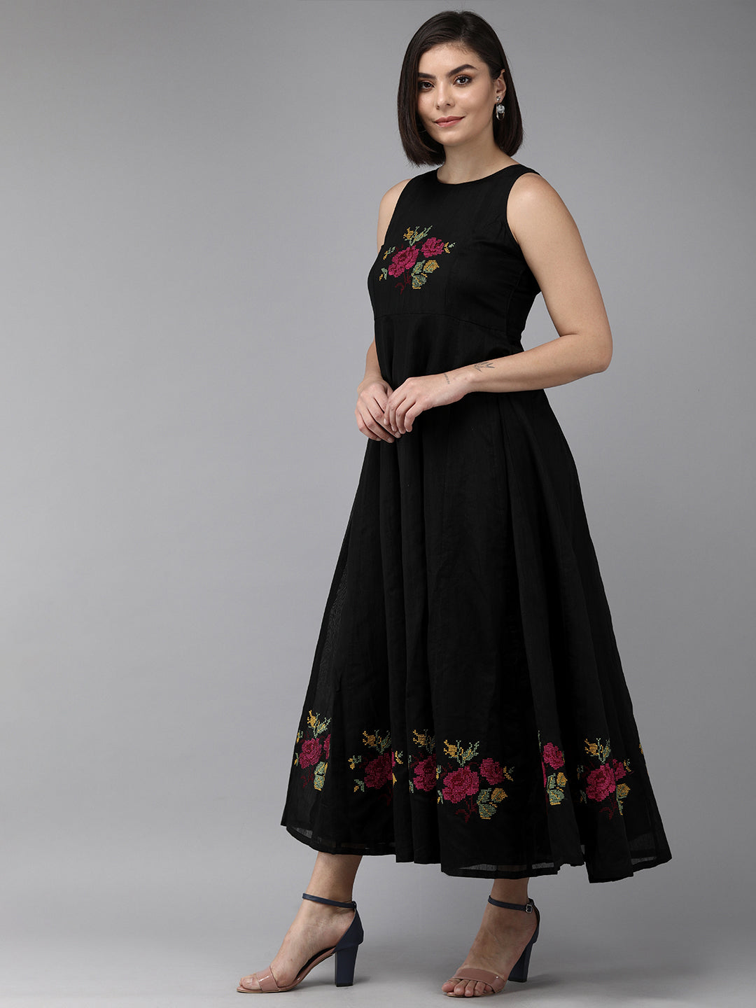 Women's Black Embroidered Chanderi Silk Maxi Dress