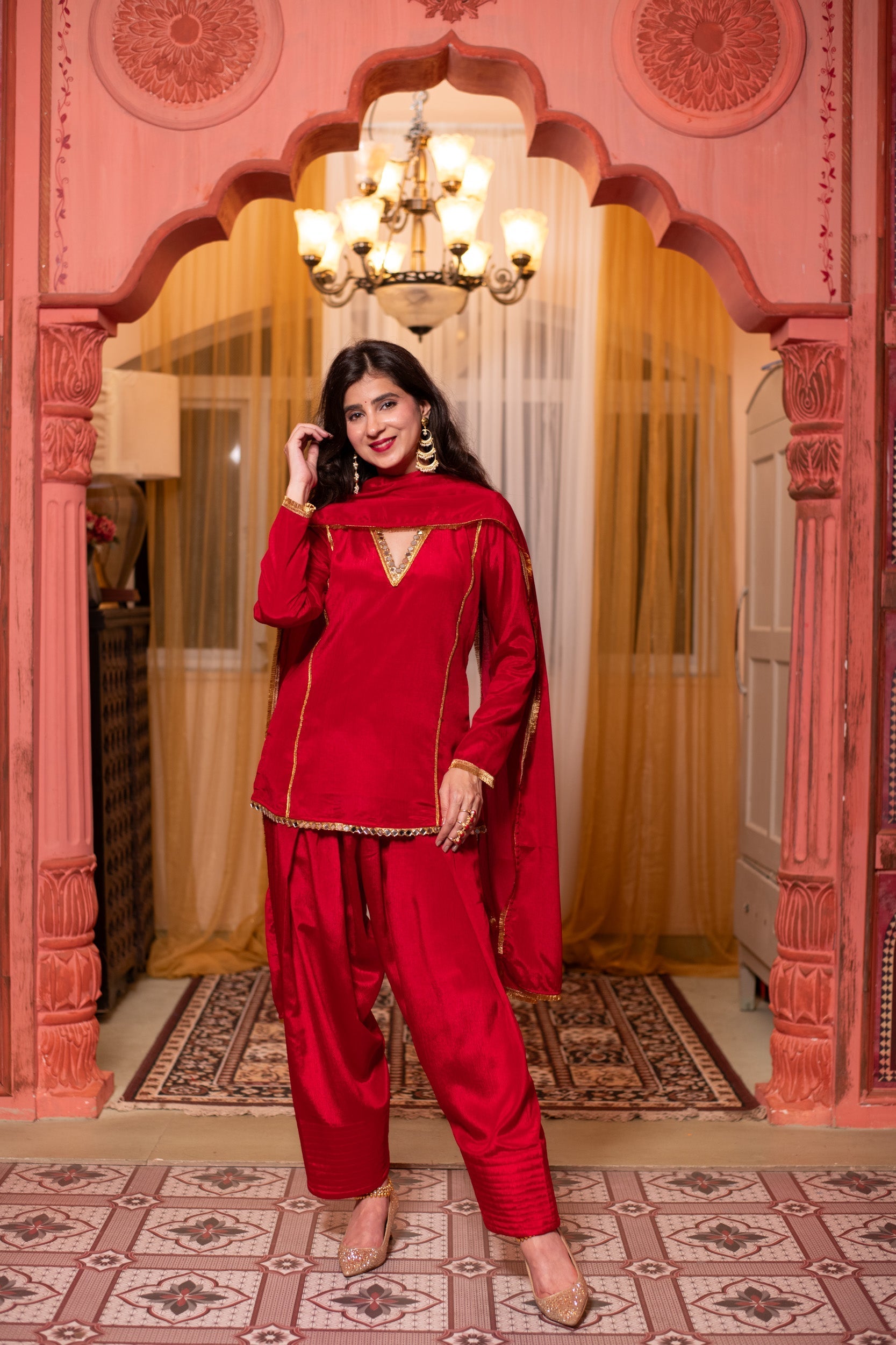 Women's Red Short Kurta With Farshi Salwar