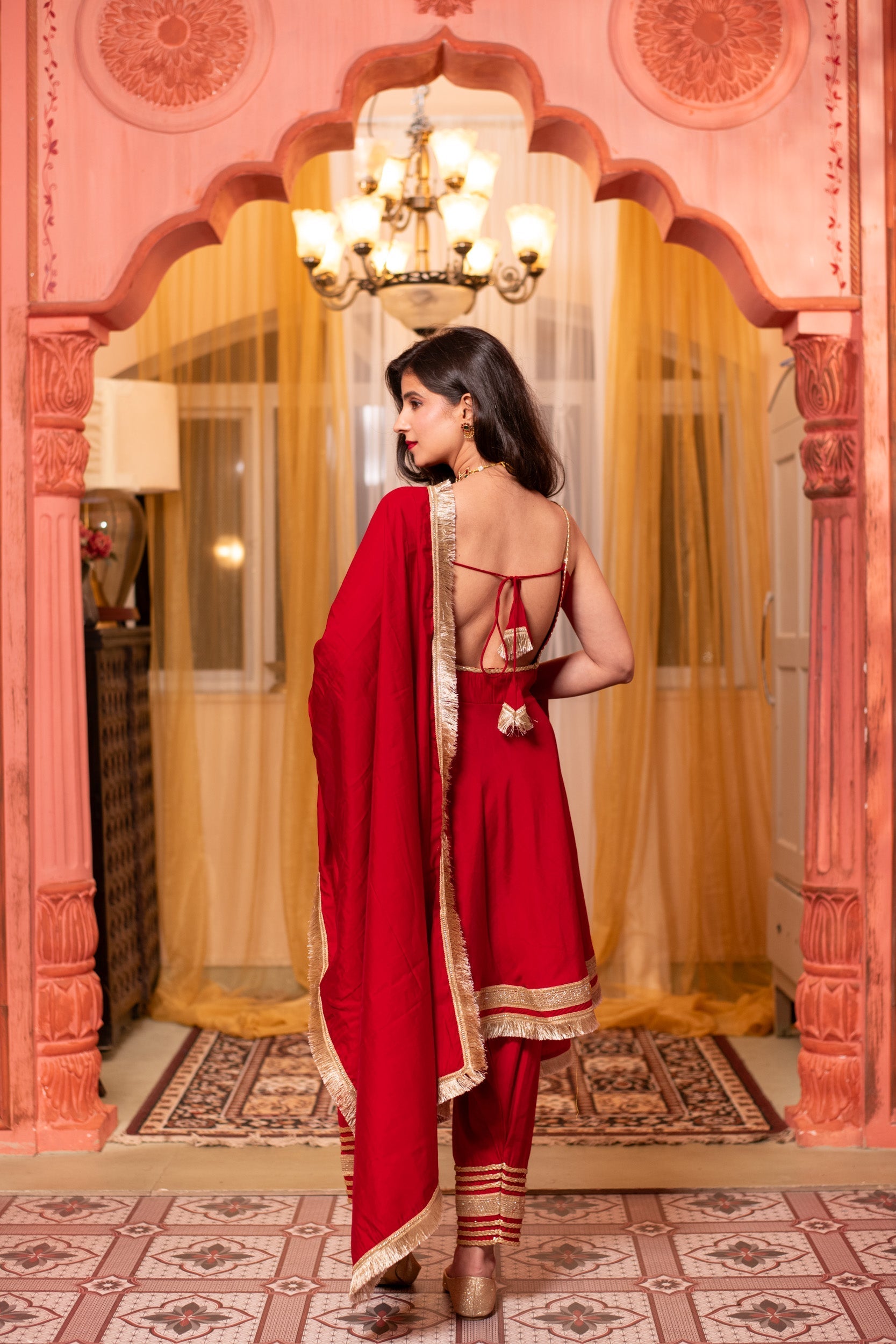 Women's Red Roman Silk Short Anarkali Kurta Set