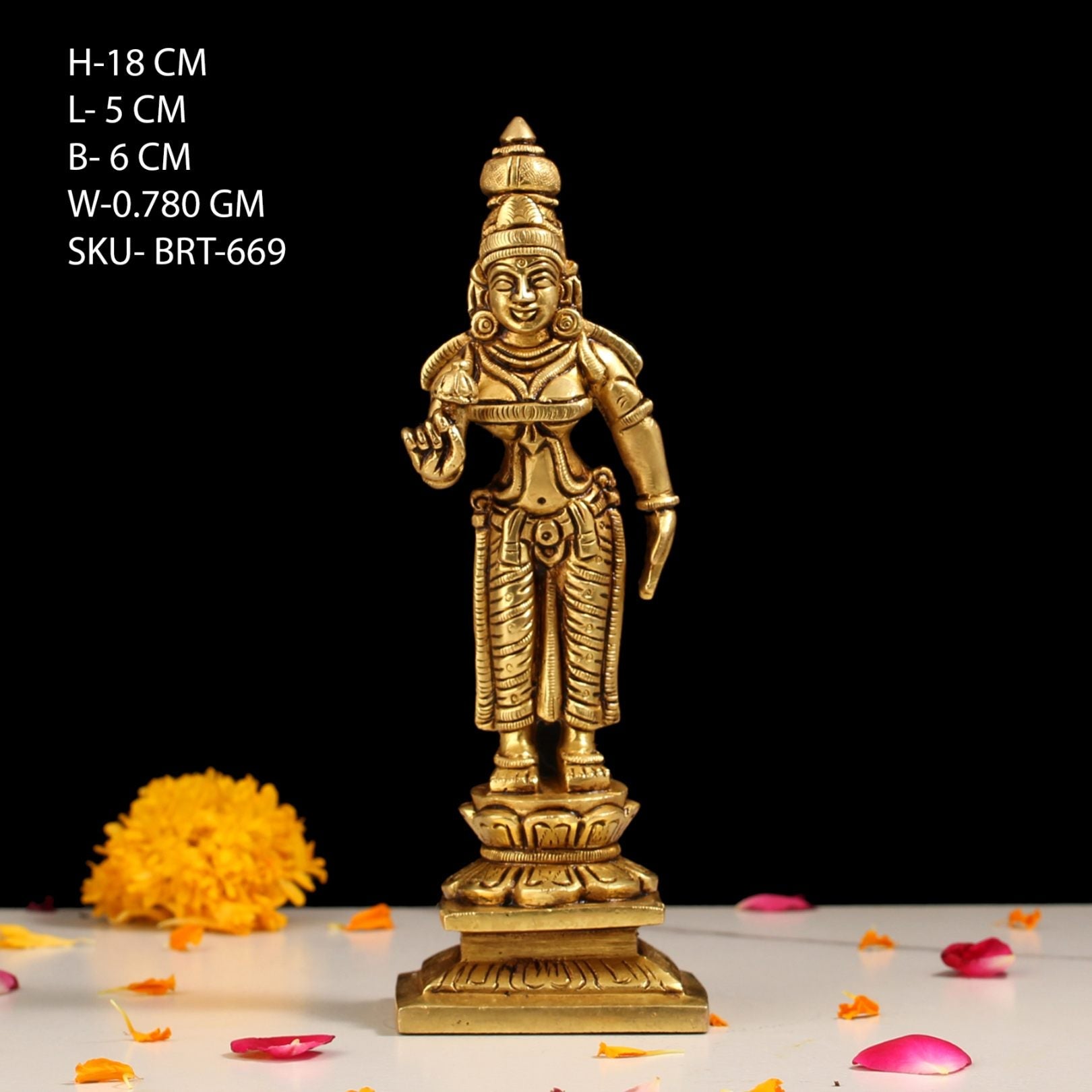 7 Inch Brass Goddess Parvati Standing Statue on Base