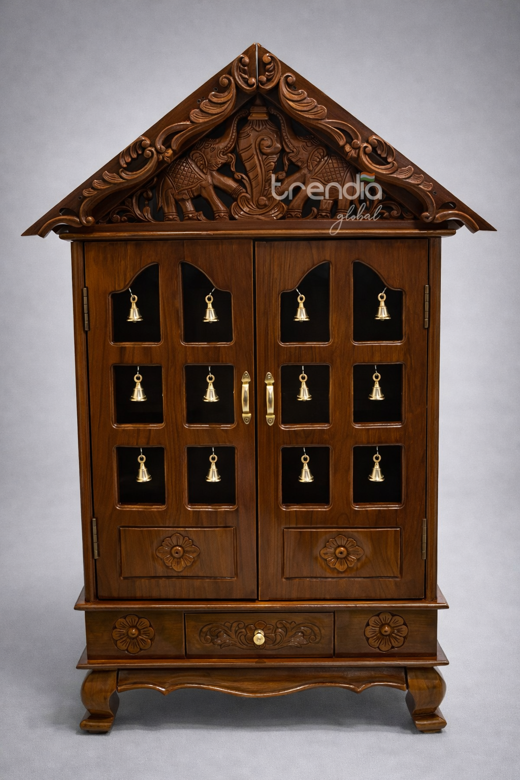 Hand-Carved Solid Teak Wood Temple with Bells