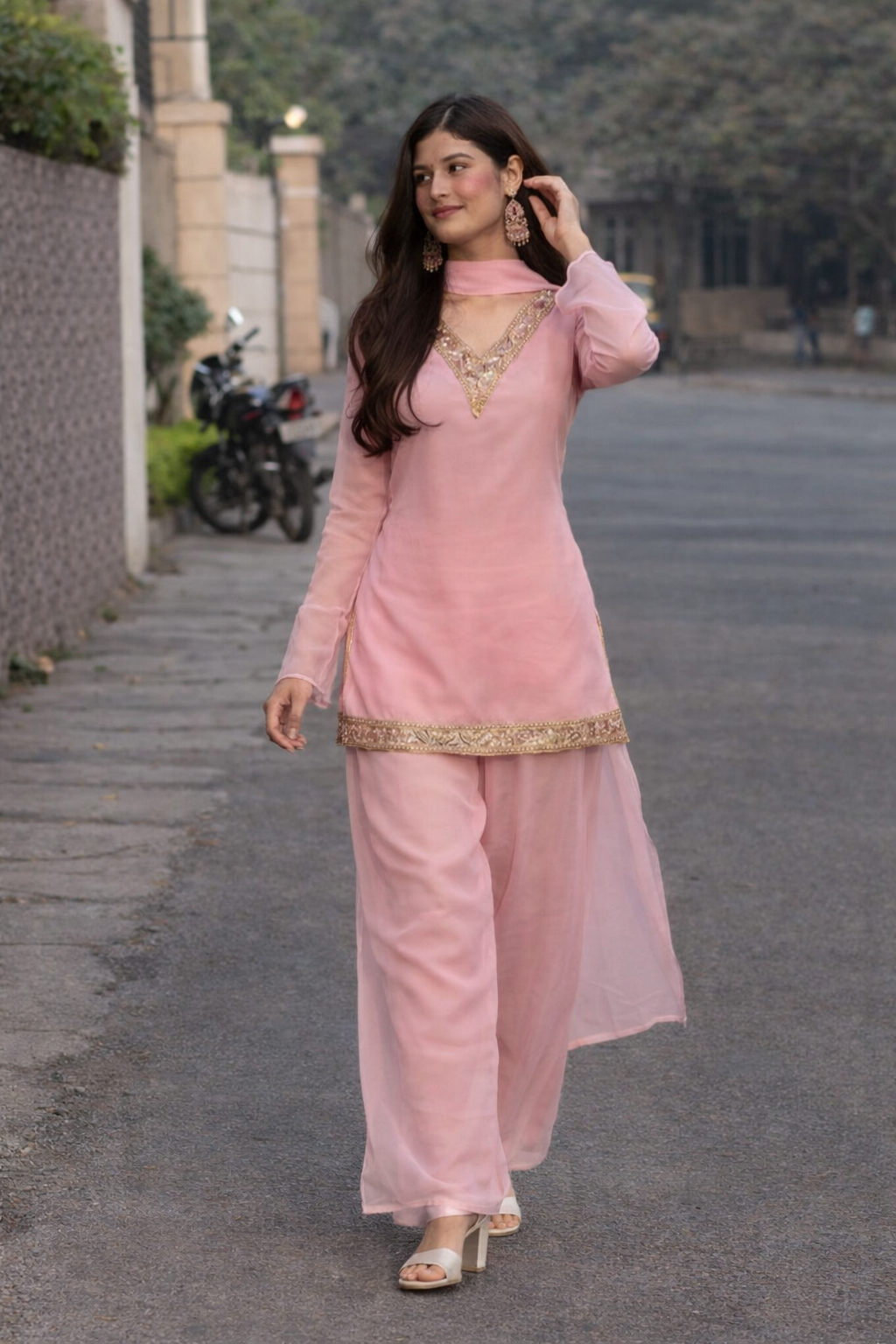 Women's Baby Pink Georgette Kurta Set with Palazzo & Dupatta – Gold Embroidered Border