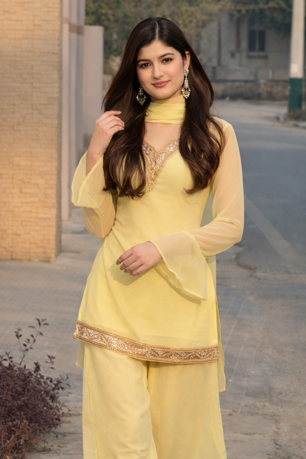 Women's Lemon Yellow Georgette Kurta Set with Palazzo & Dupatta – Gold Embroidered Border