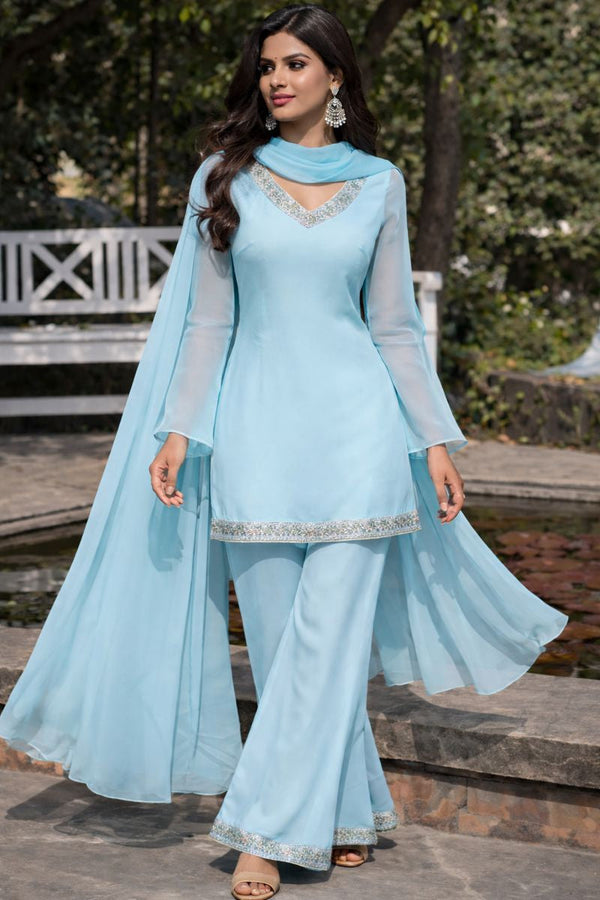 Women's Blue Embellished Kurta with Flared Palazzo Set