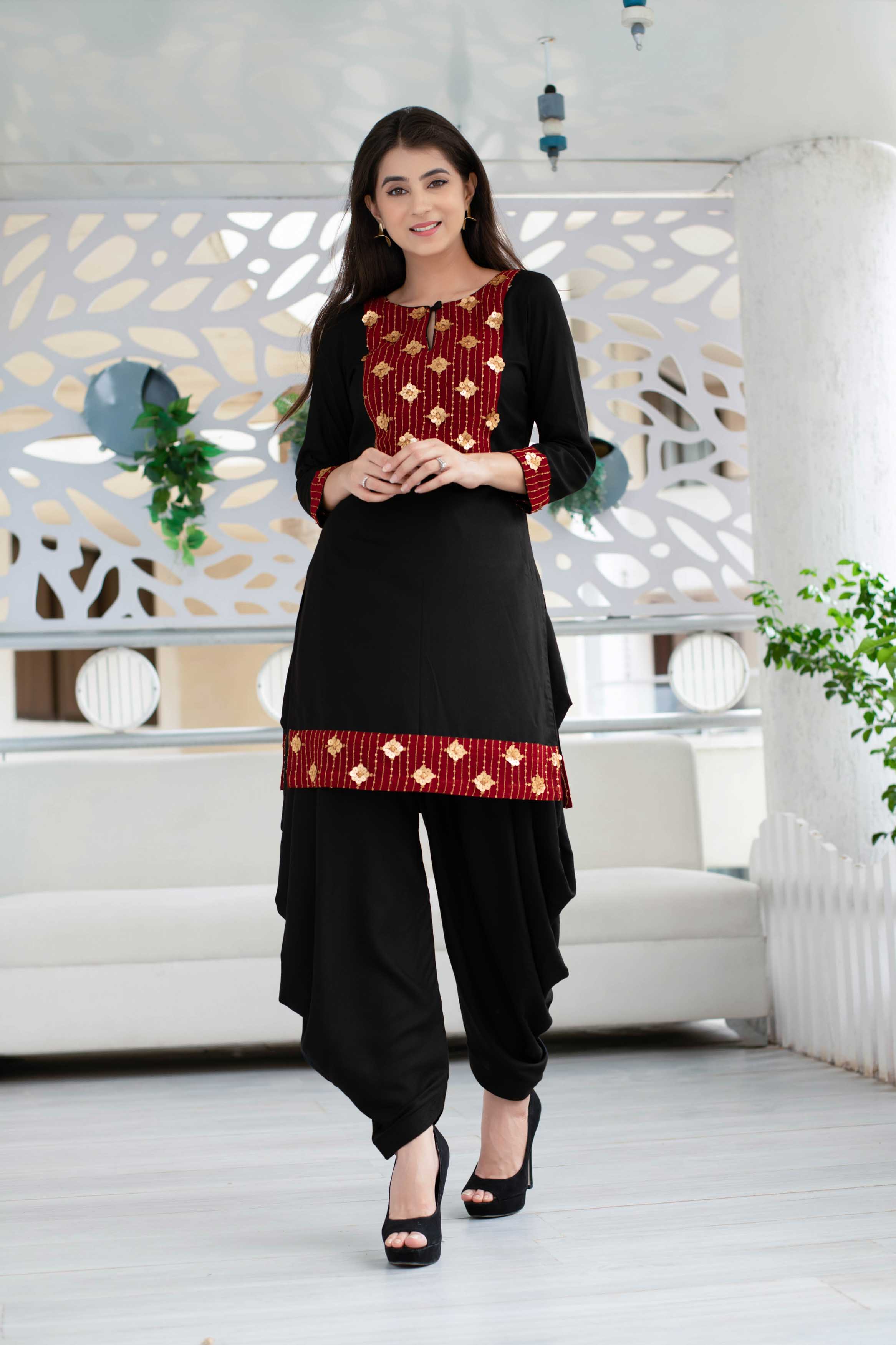 Women's Black Patiala Set With Red Neck Work (2pcs Set)