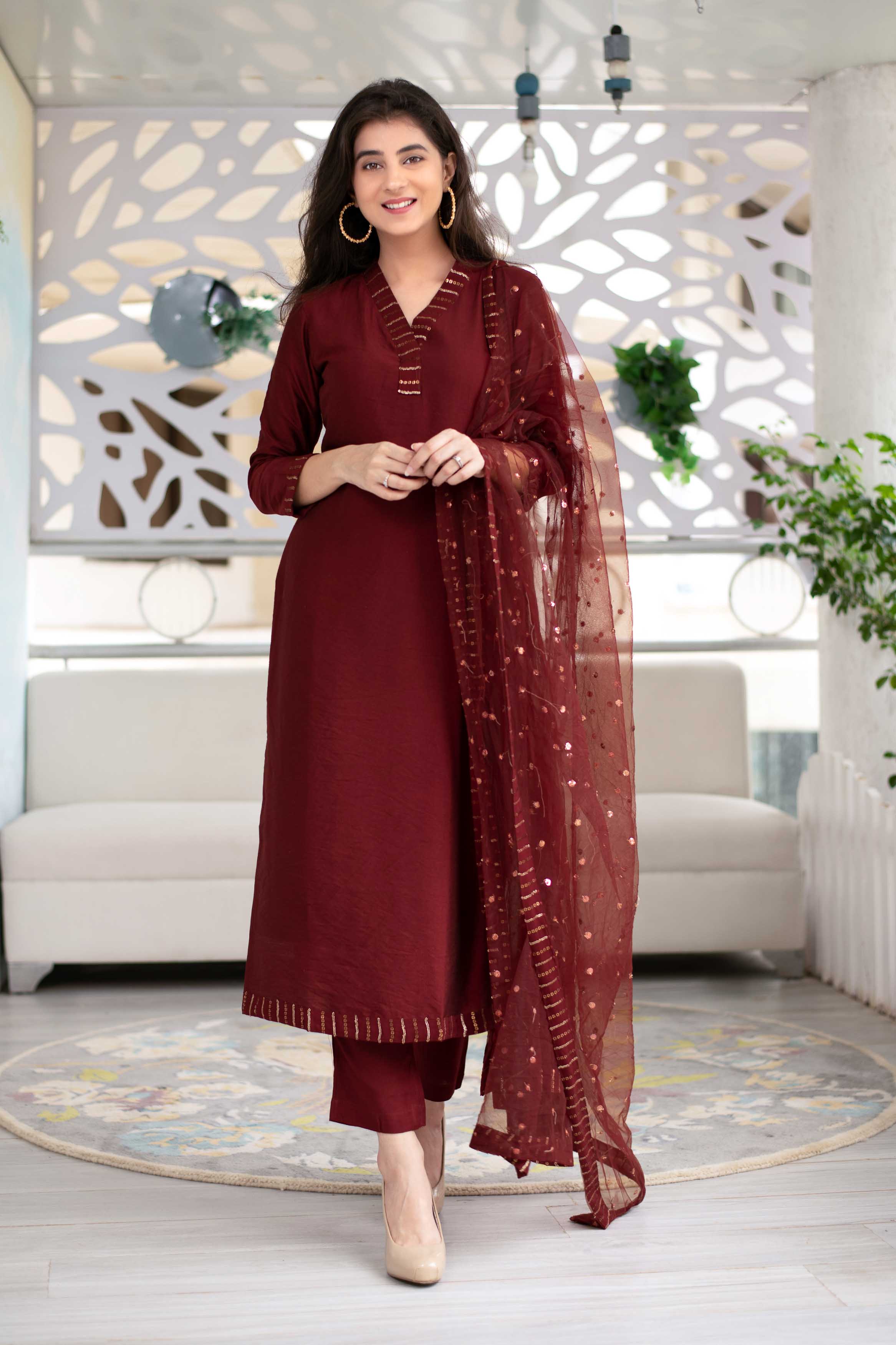 Women's Maroon Embellished Kurta Set (3 Pc Set)