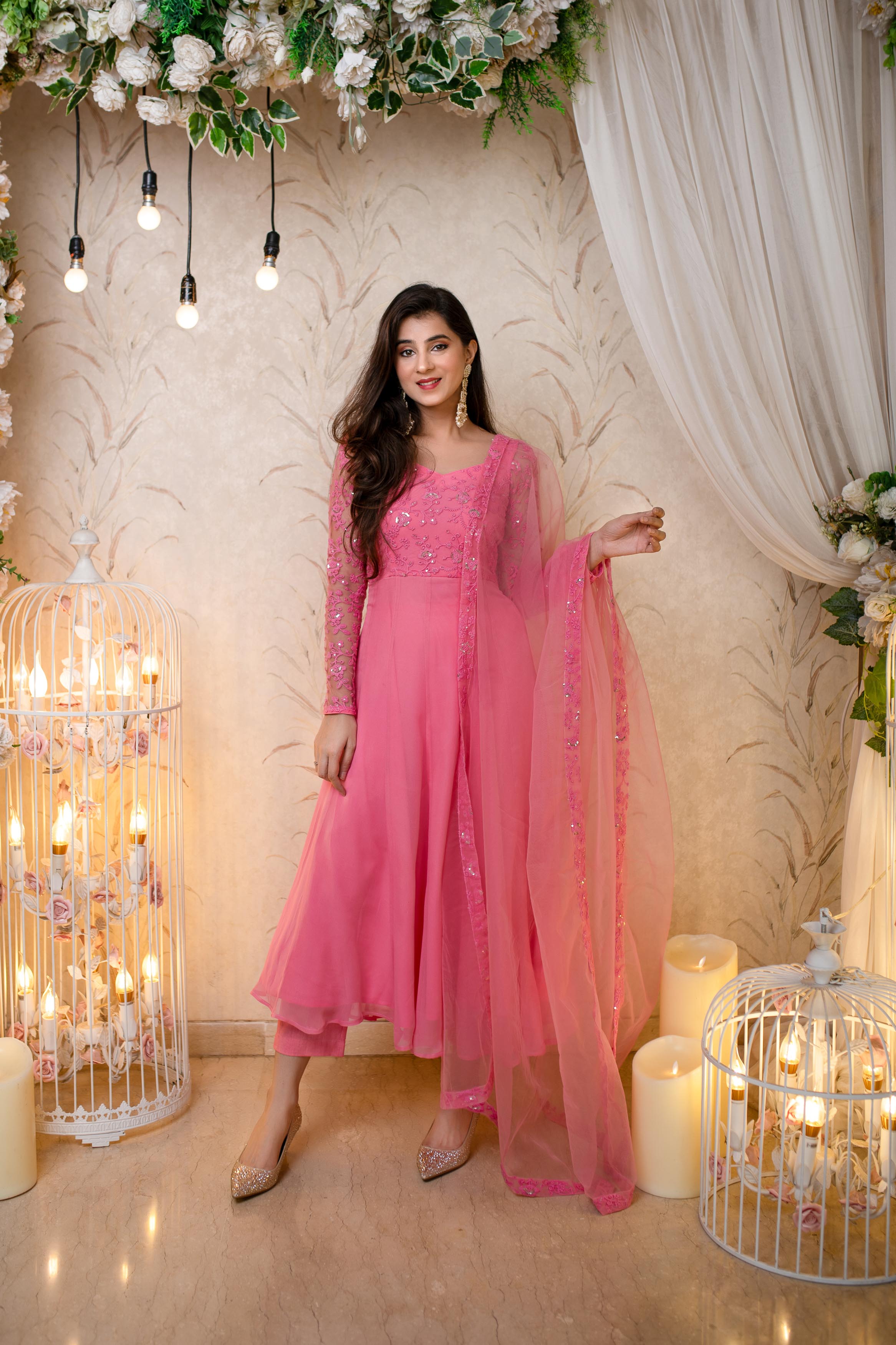 Women's Baby Pink Georgette Anarkali Set(3 Pc Set)