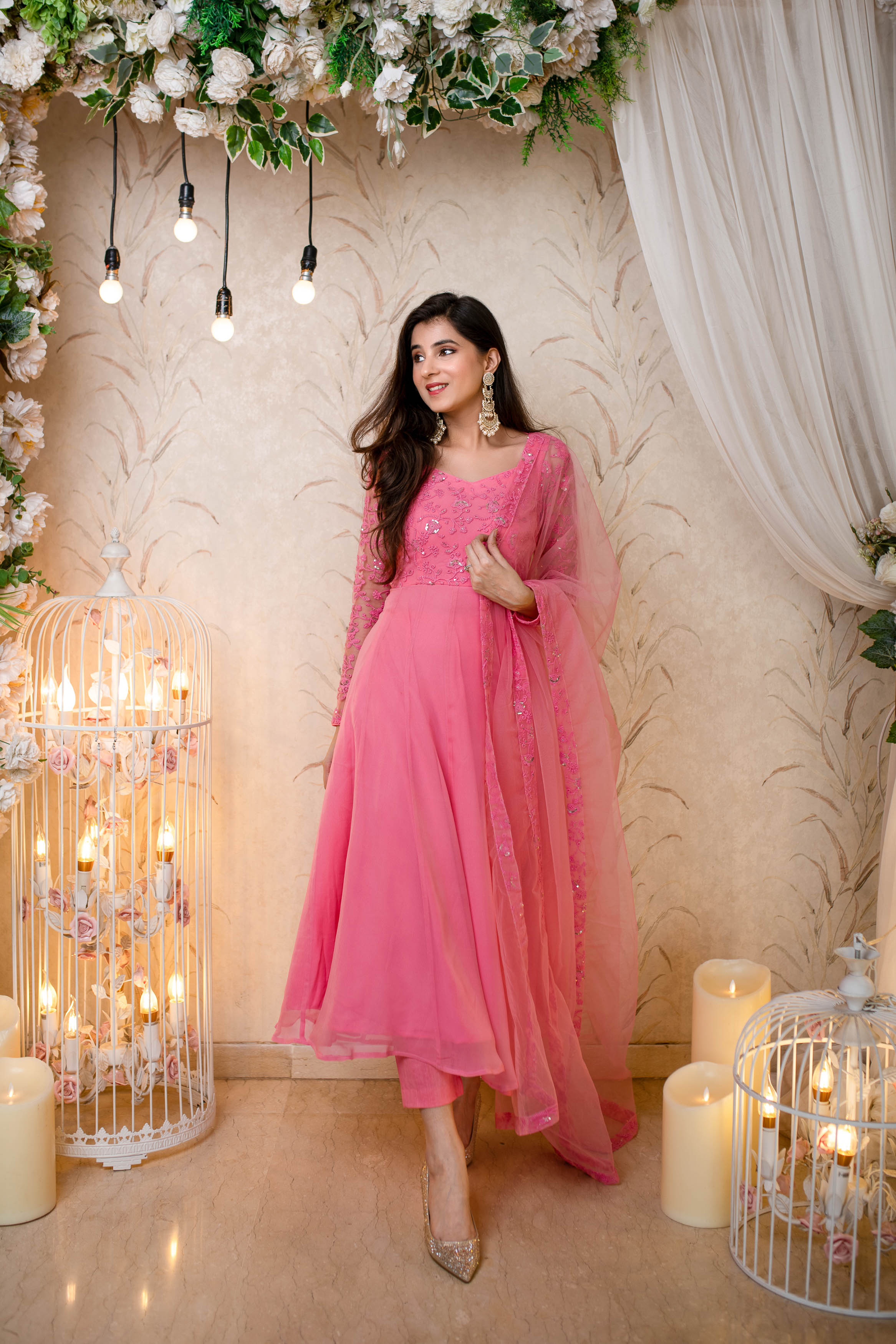 Women's Baby Pink Georgette Anarkali Set(3 Pc Set)