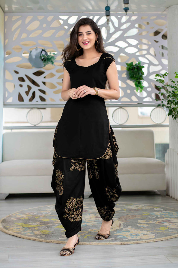Women's Black Rayon Block Printed Round Neck Kurta Set