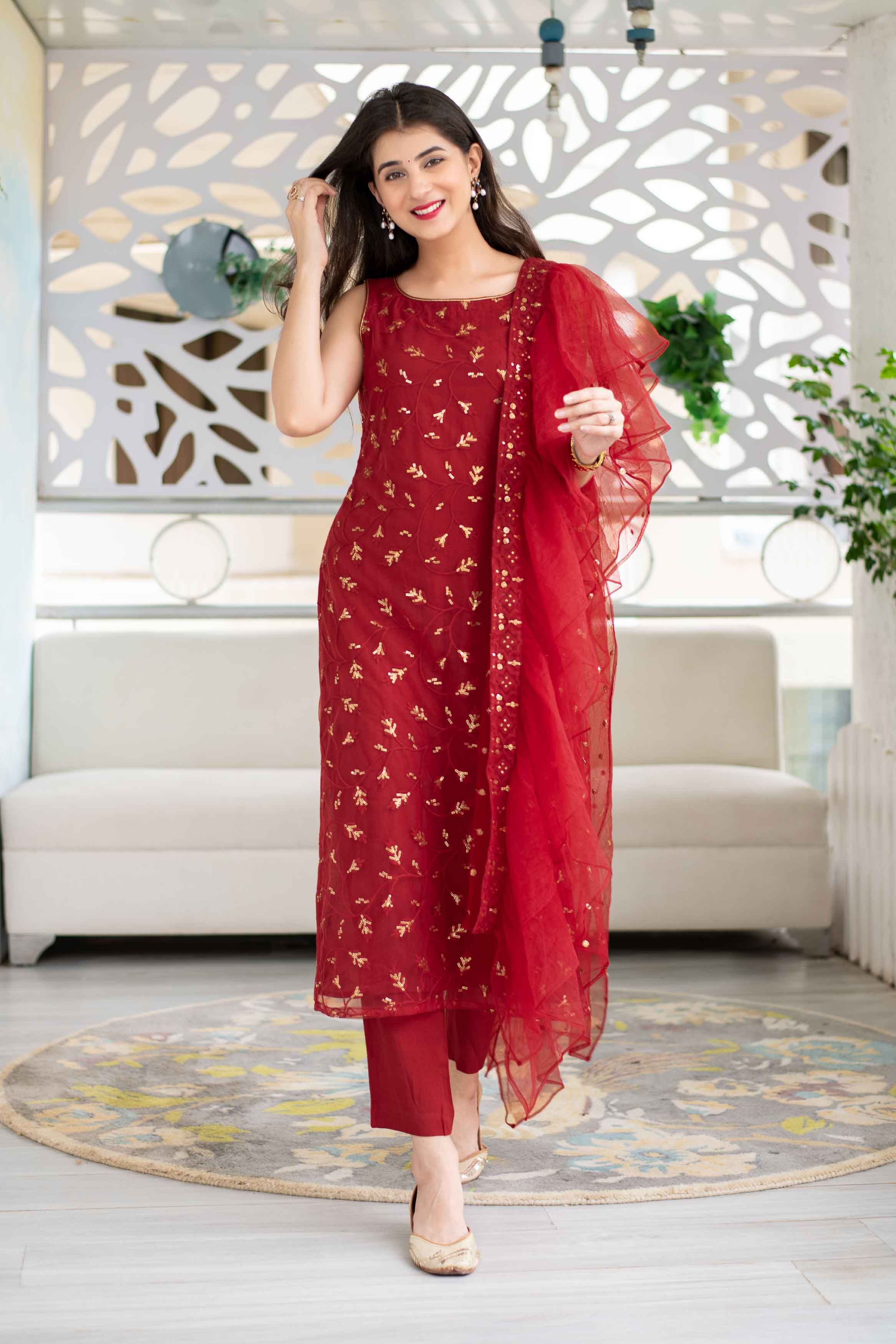 Women's Red Sequin Kurta Set With Net Ruffle Dupatta