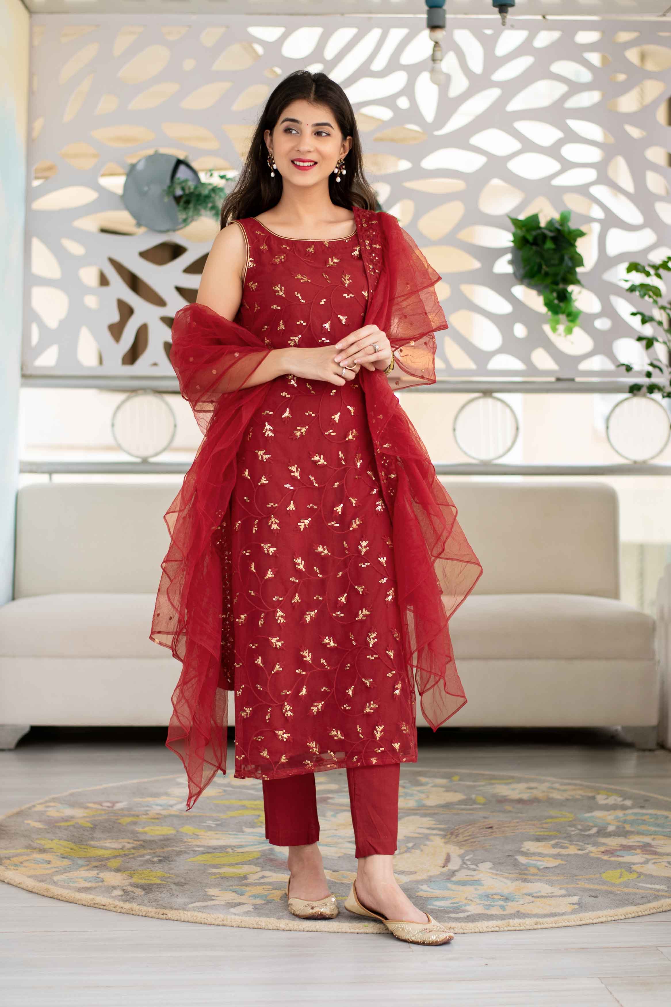 Women's Red Sequin Kurta Set With Net Ruffle Dupatta
