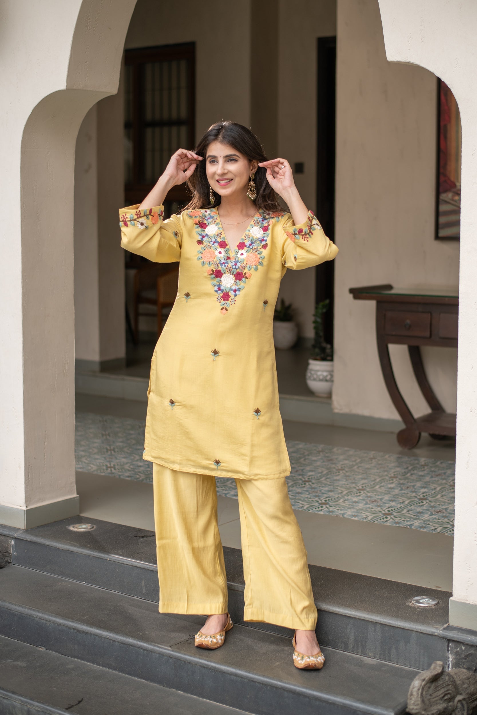 Women's Mustard Floral Embroidered Co-Ord Set