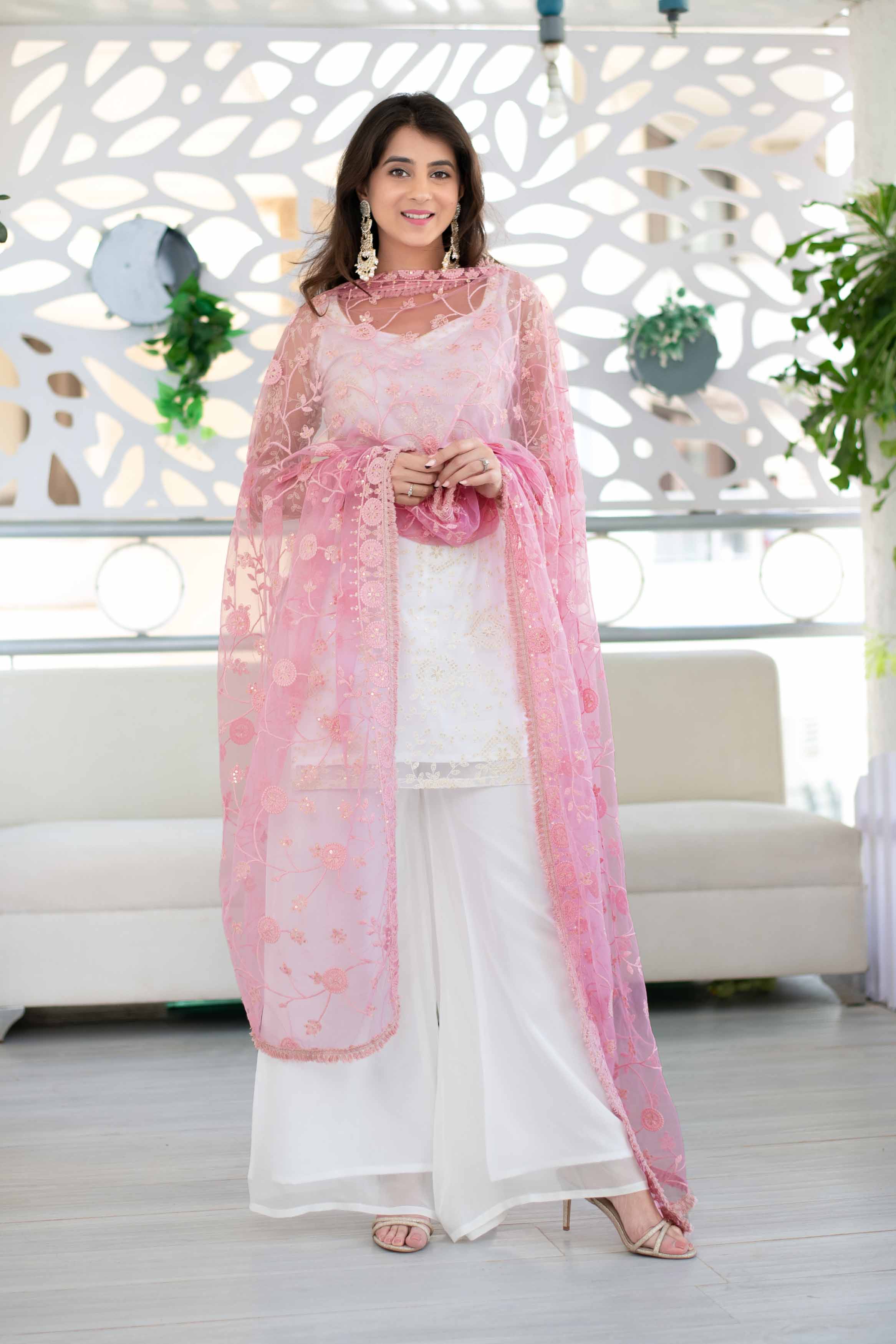 Women's White Thread Work Kurta Palazzo Dupatta Set